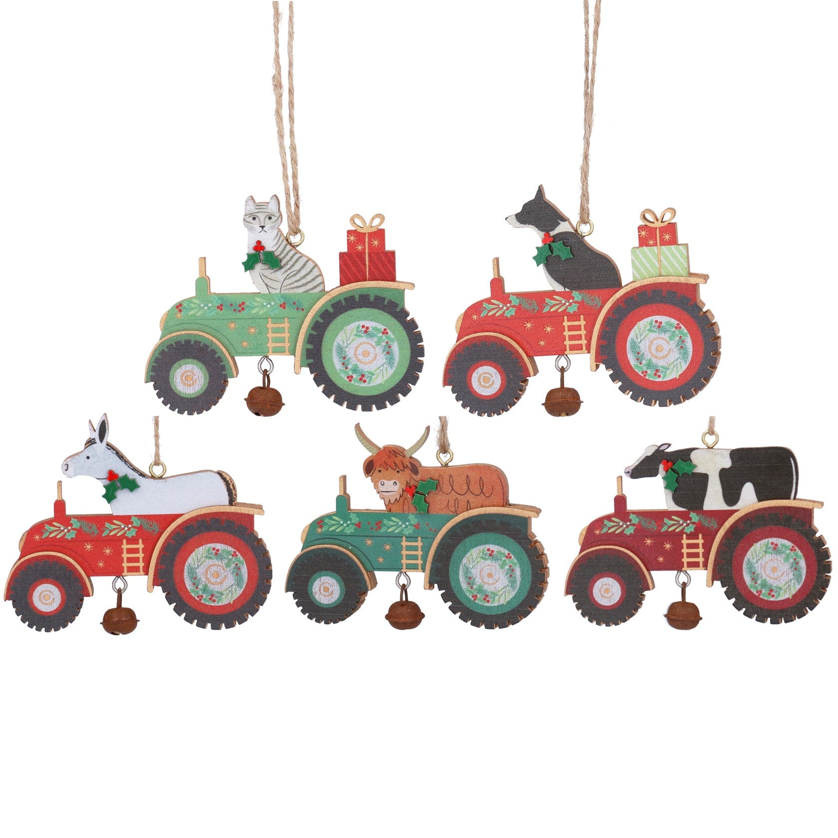 Gisela Graham wooden Christmas tractor decorations with assorted farm animals
