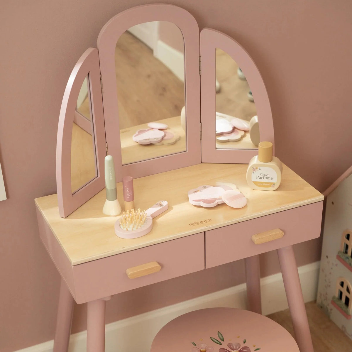 Little Dutch Wooden Vanity Table with Stool – Pink
