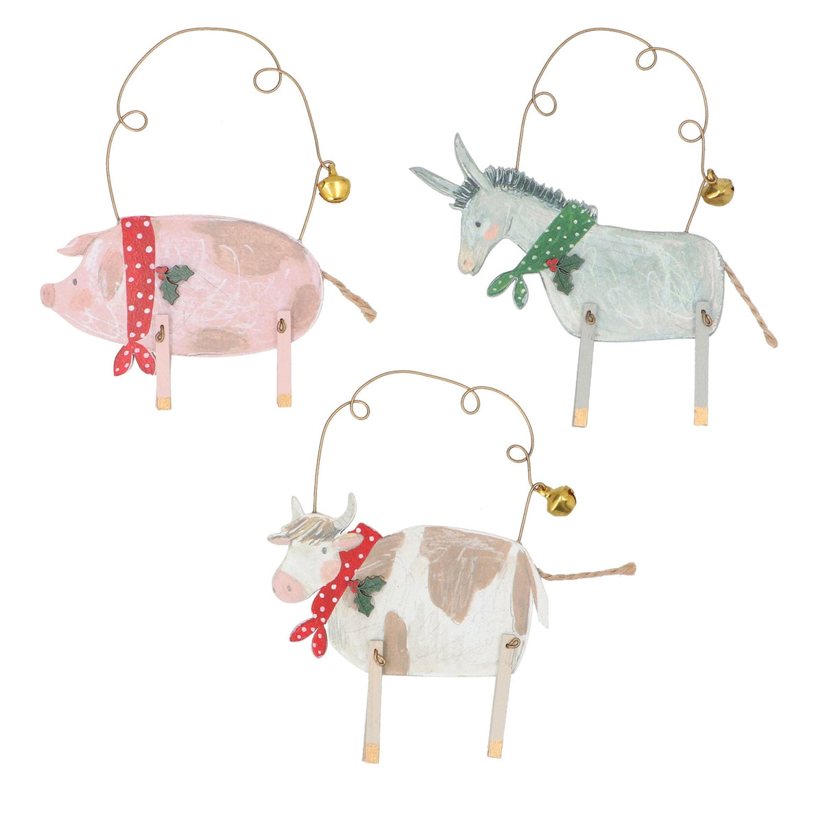 Gisela Graham Wooden Farm Animal Christmas Decorations with Moving Legs – 9cm