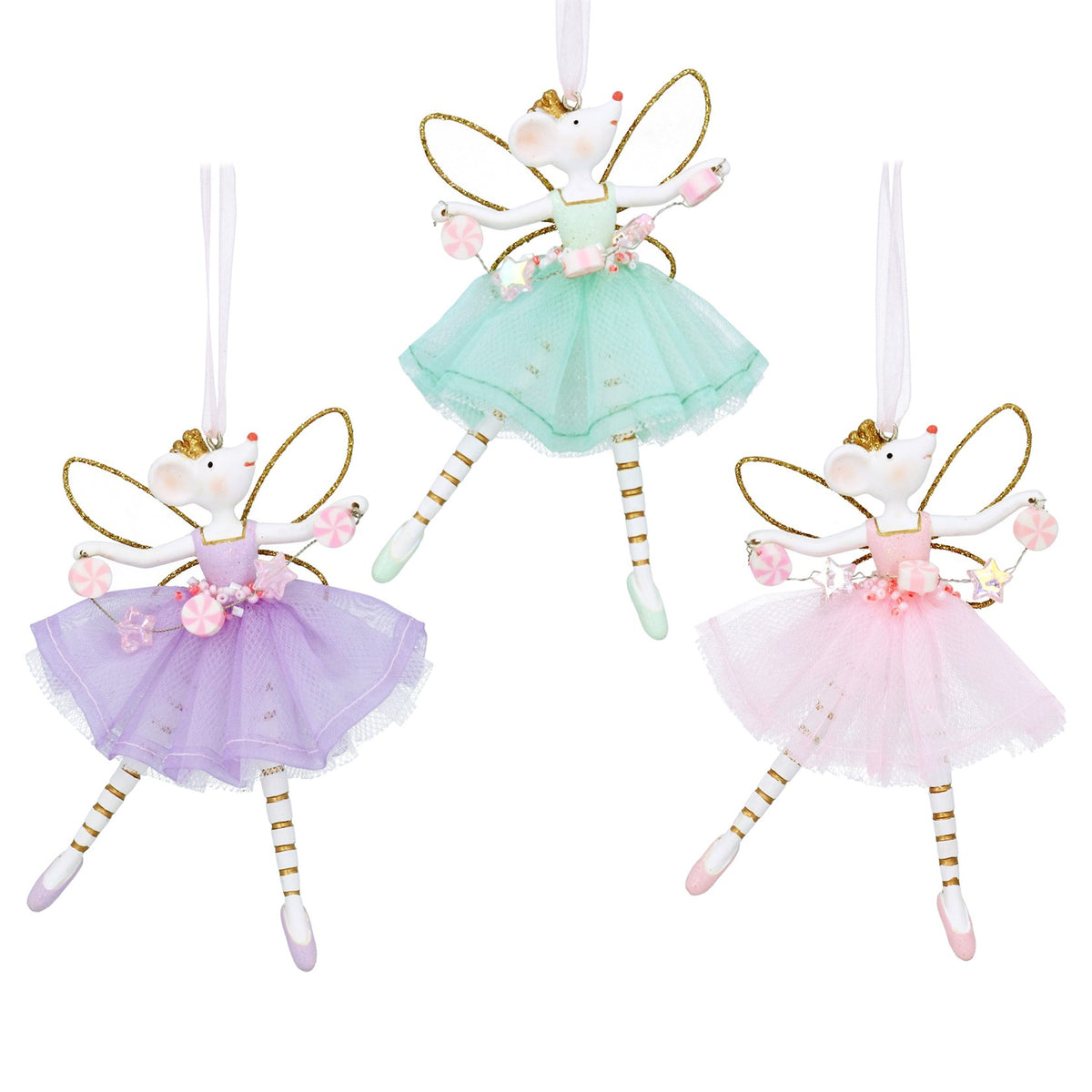 Gisela Graham Pastel Ballerina Fairy Mouse Christmas Decoration – 3 Assorted