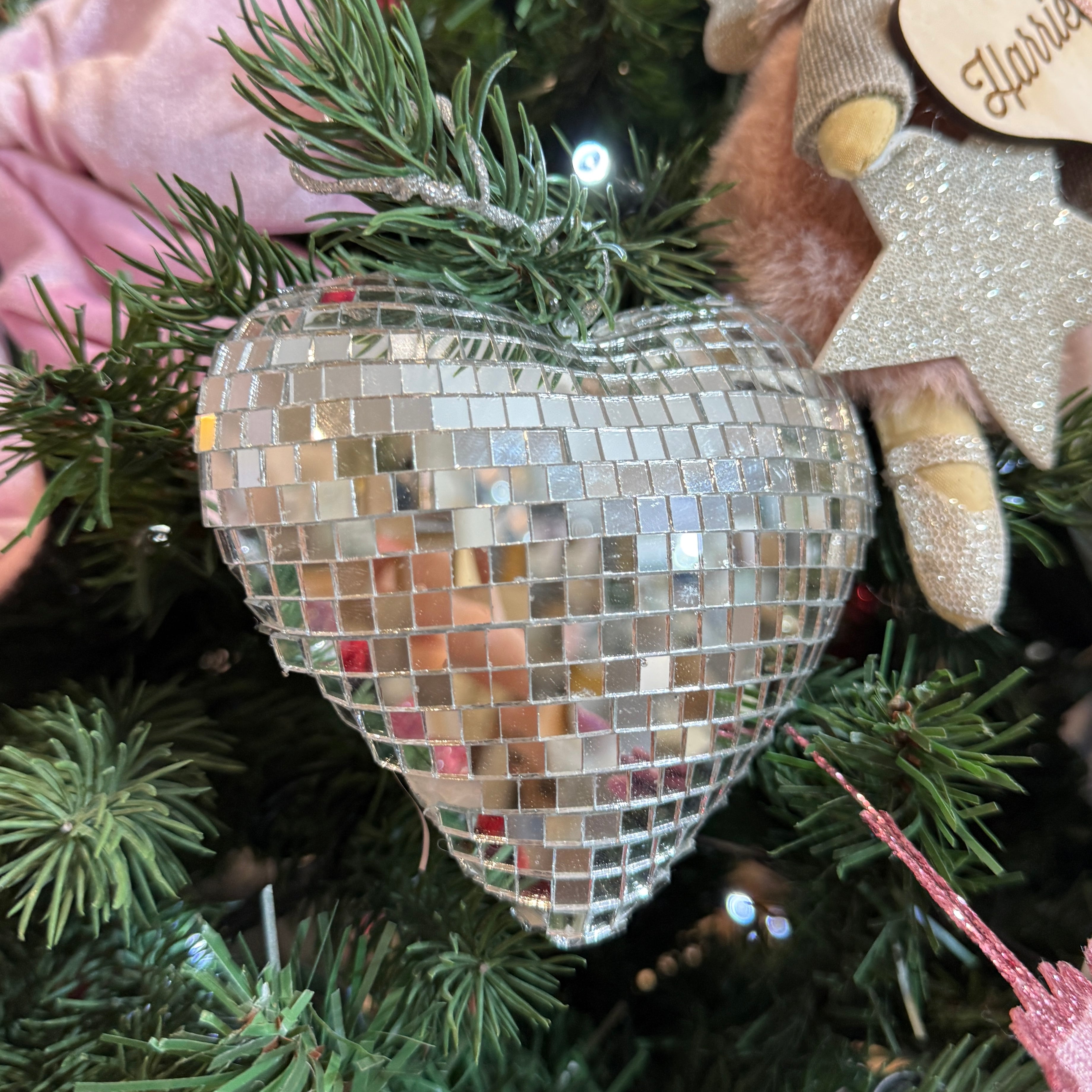 Set of 3 Silver Disco Heart Christmas Hanging Decorations
