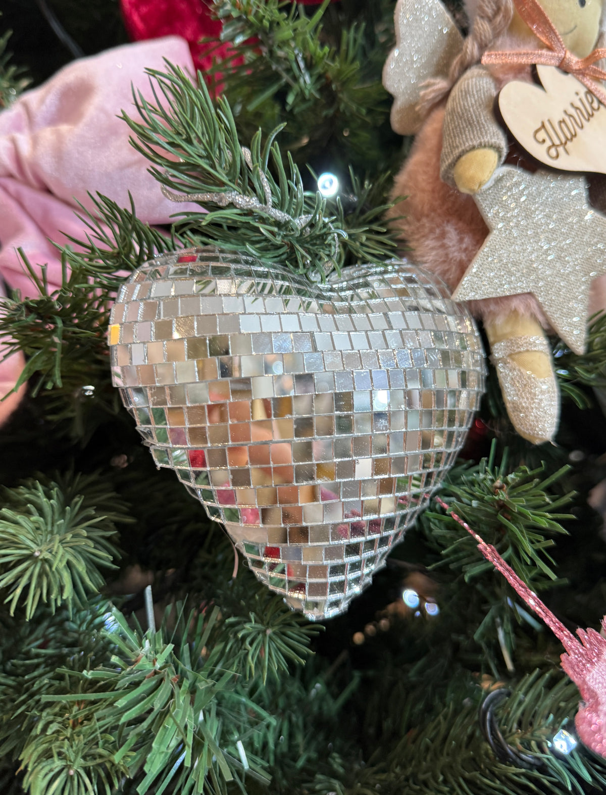 Set of 3 Silver Disco Heart Christmas Hanging Decorations