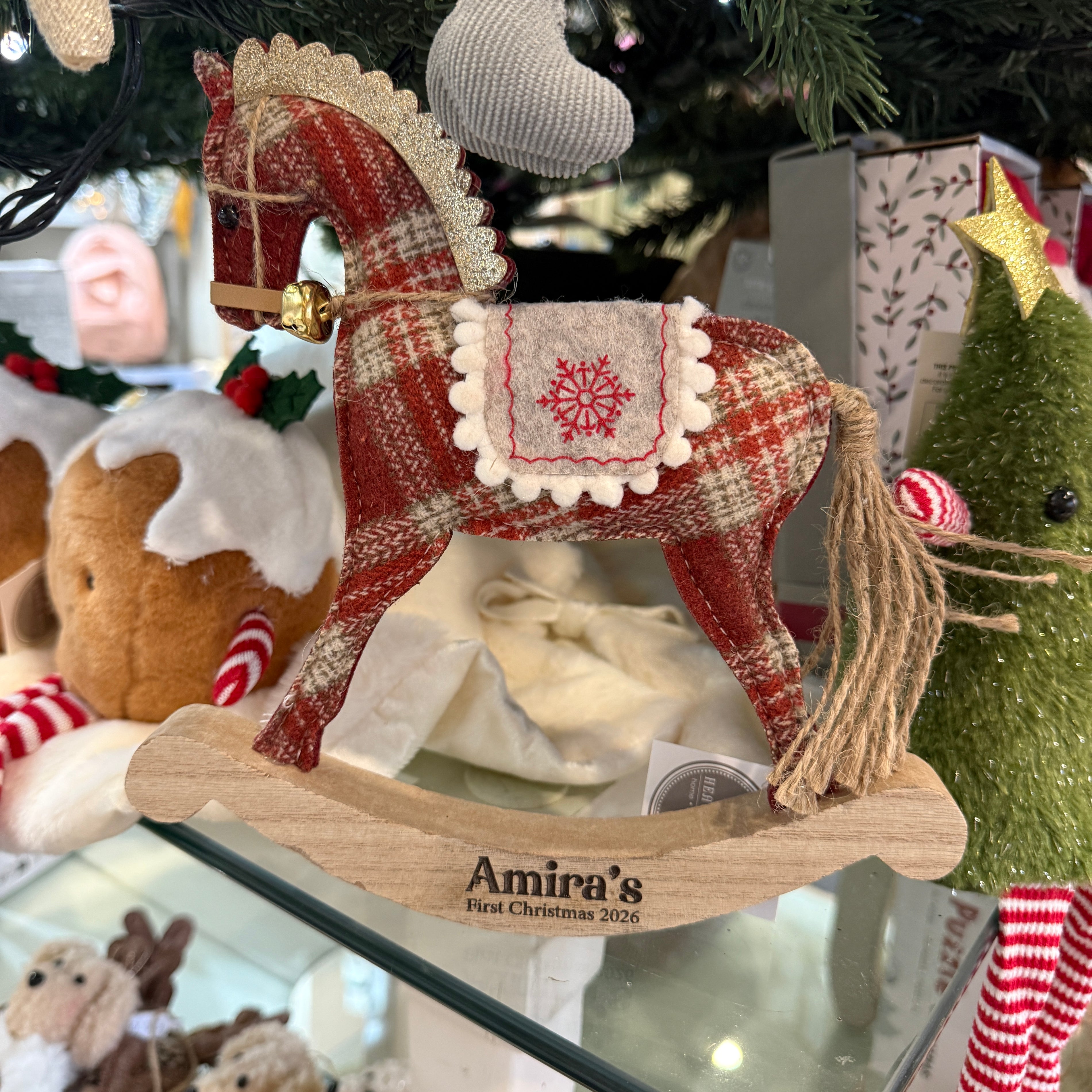 Red Tartan Wooden Rocking Horse Christmas Decoration – 21cm