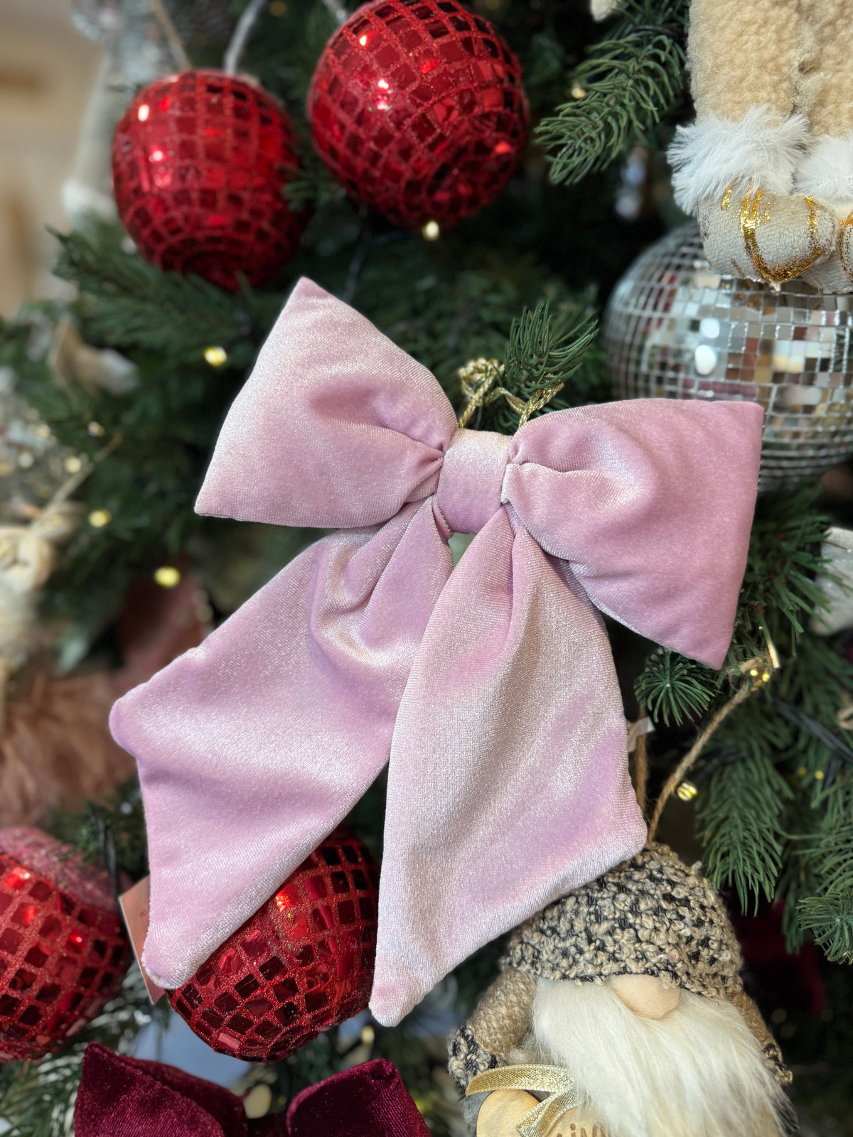 Blush Pink Velvet Bow Christmas Hanging Decoration – 26cm