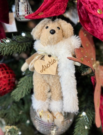 Personalised Christmas Bear Hanging Decoration – Fluffy White Scarf