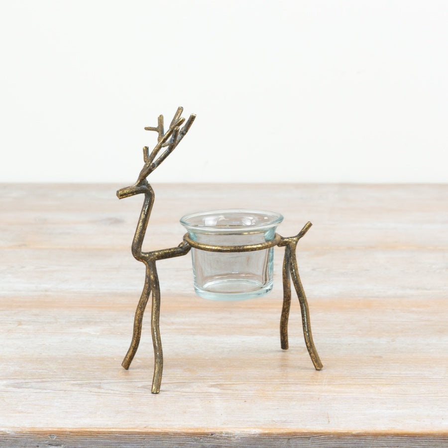 Gold Reindeer Christmas T-Light Holder – 15.5cm