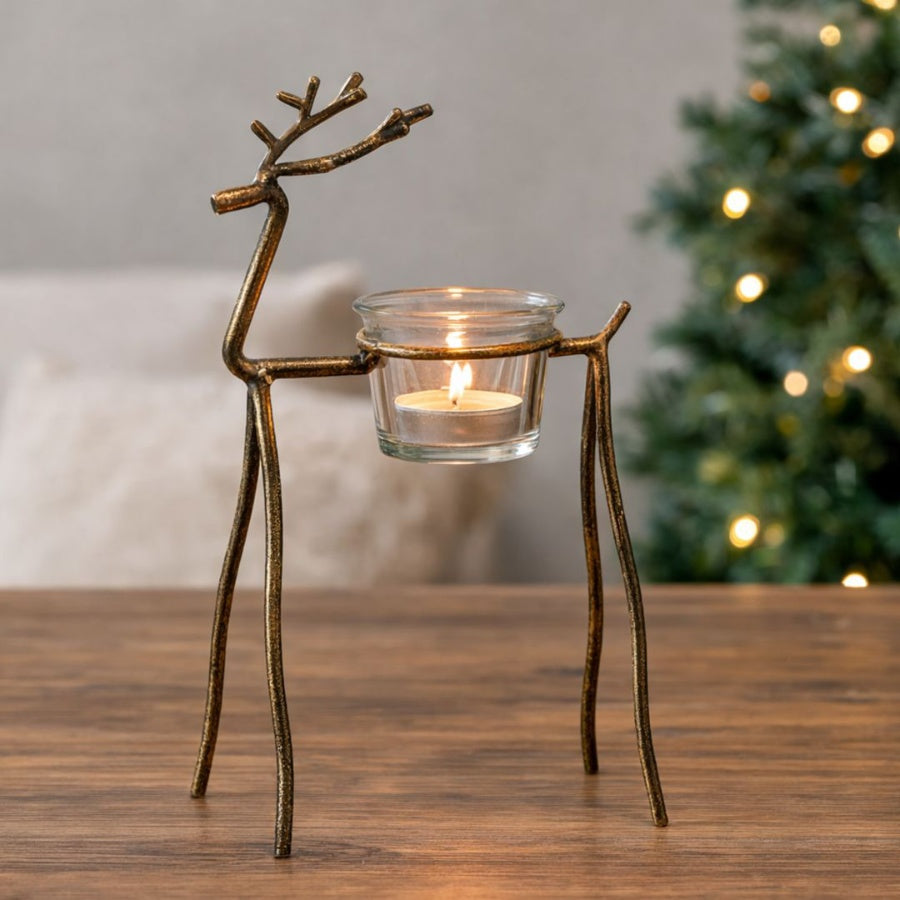 Gold Reindeer Christmas T-Light Holder – 28cm