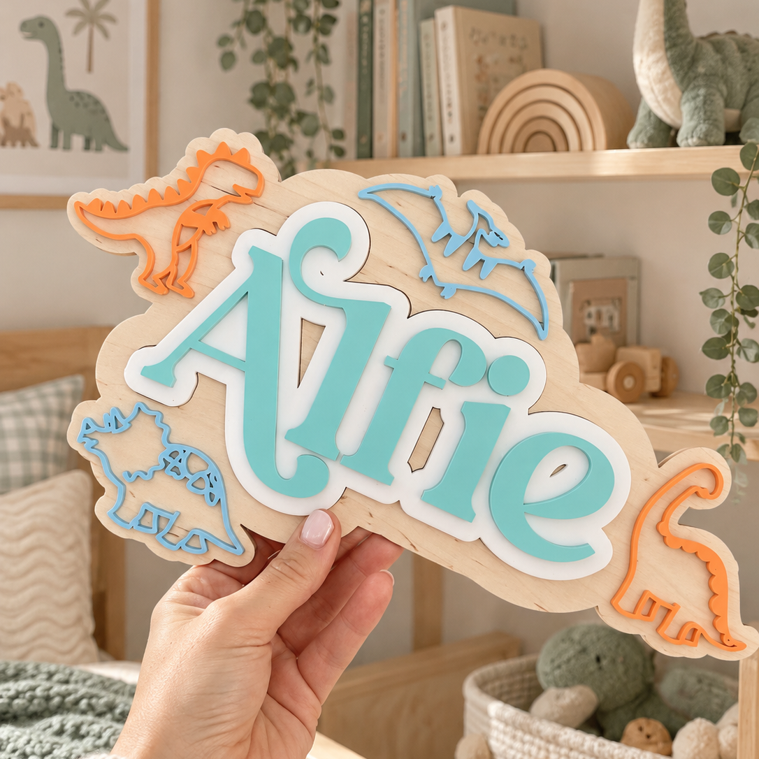 Personalised Wooden & Acrylic Name Sign – Dinosaur
