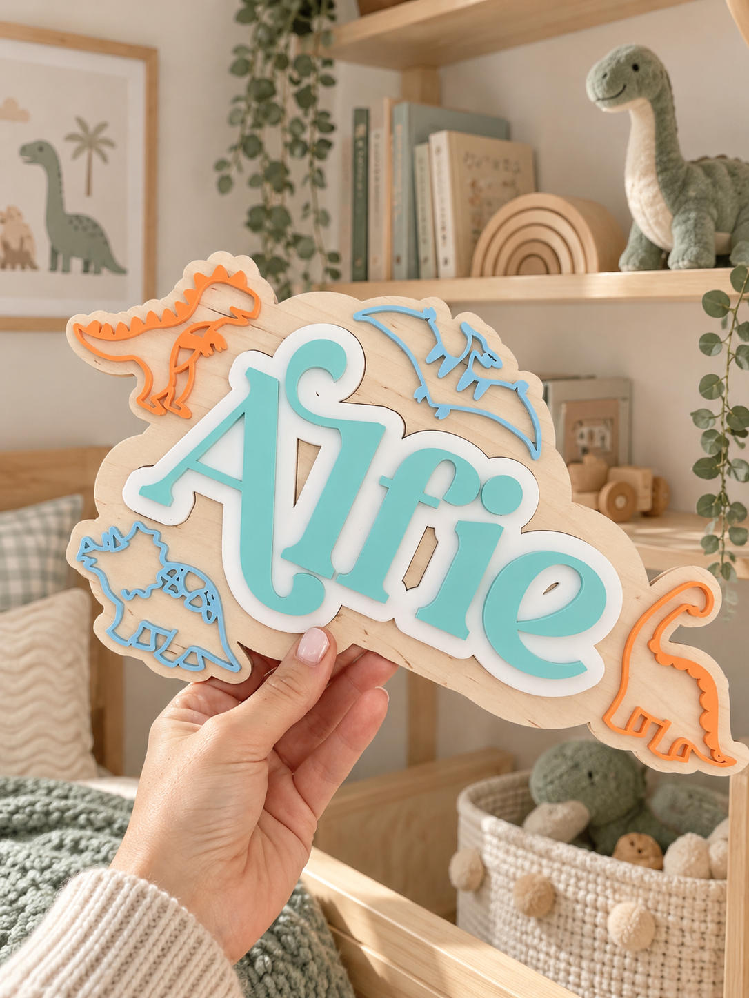 Personalised Wooden & Acrylic Name Sign – Dinosaur
