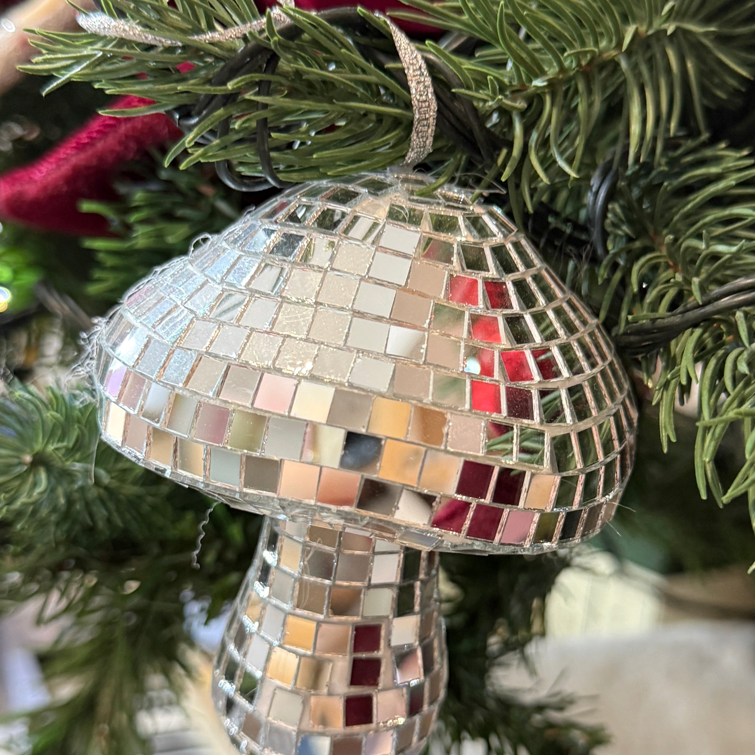 Silver Disco Mushroom Christmas Hanging Decoration