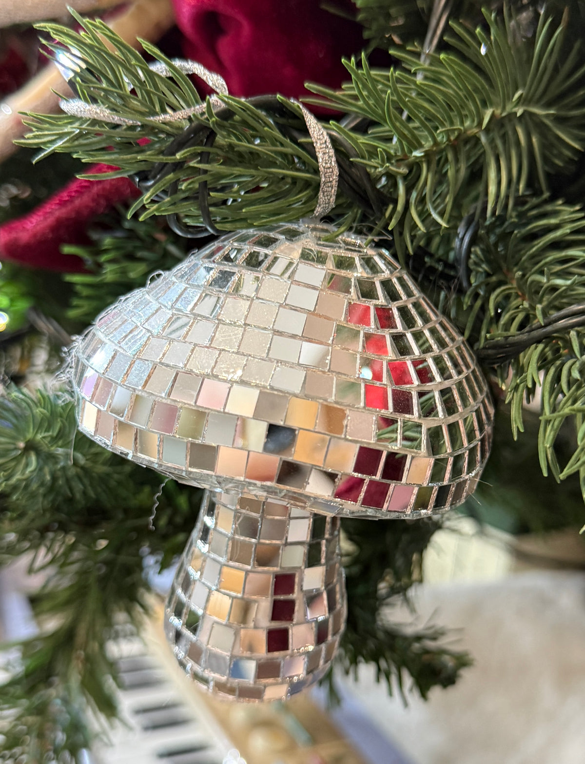 Silver Disco Mushroom Christmas Hanging Decoration