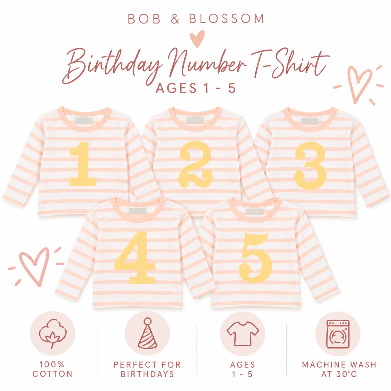 Bob & Blossom Powder Pink Breton Striped Birthday Number T-Shirt – Ages 1–5