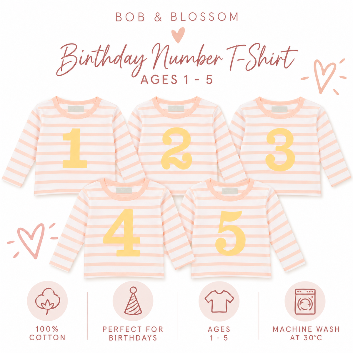 Bob & Blossom Powder Pink Breton Striped Birthday Number T-Shirt – Ages 1–5