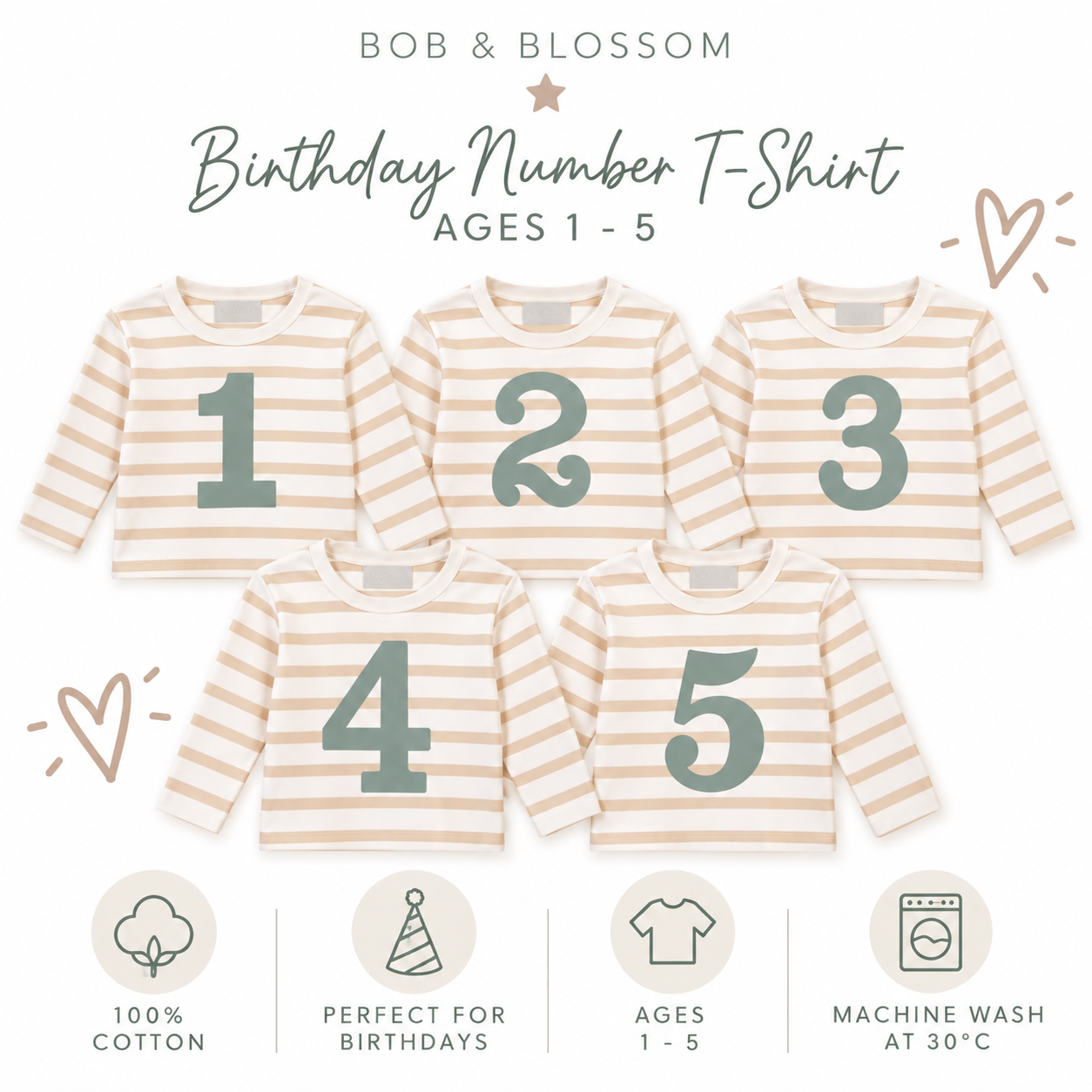 Bob & Blossom Biscuit Breton Striped Birthday Number T-Shirt – Ages 1–5
