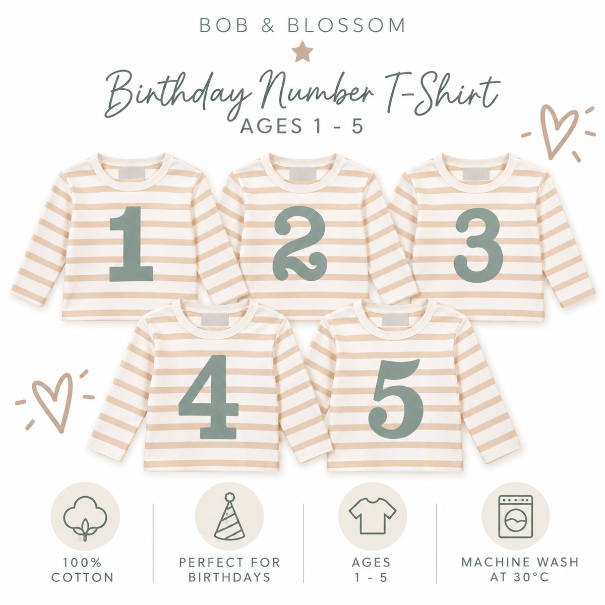Bob & Blossom Biscuit Breton Striped Birthday Number T-Shirt – Ages 1–5