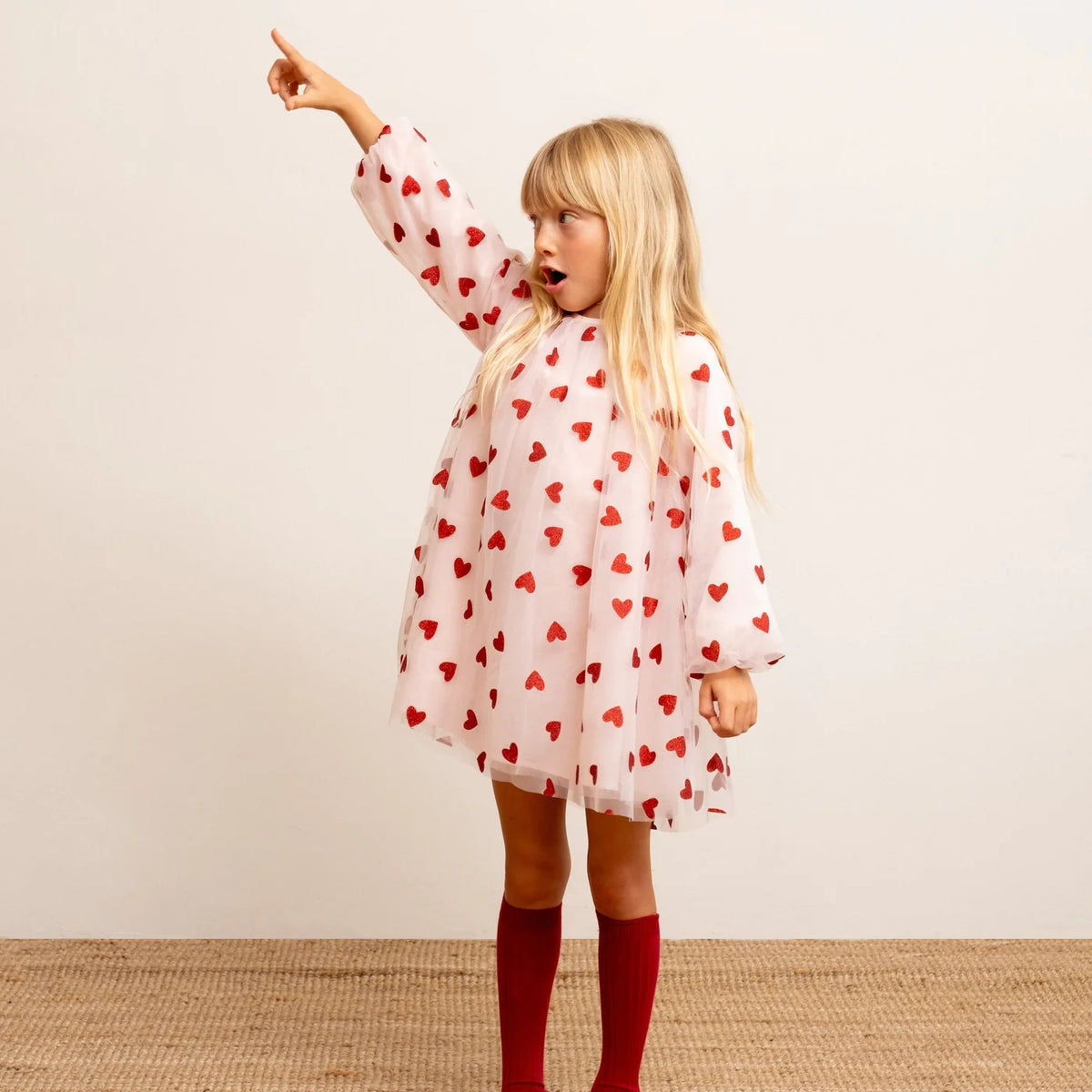 Pale Pink with Red Glitter Hearts Balloon Sleeve Dress