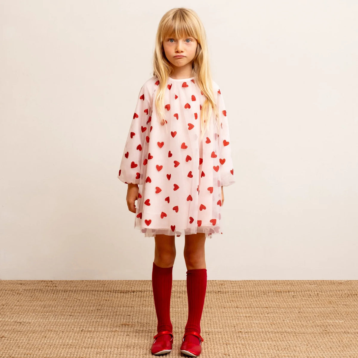 Pale Pink with Red Glitter Hearts Balloon Sleeve Dress