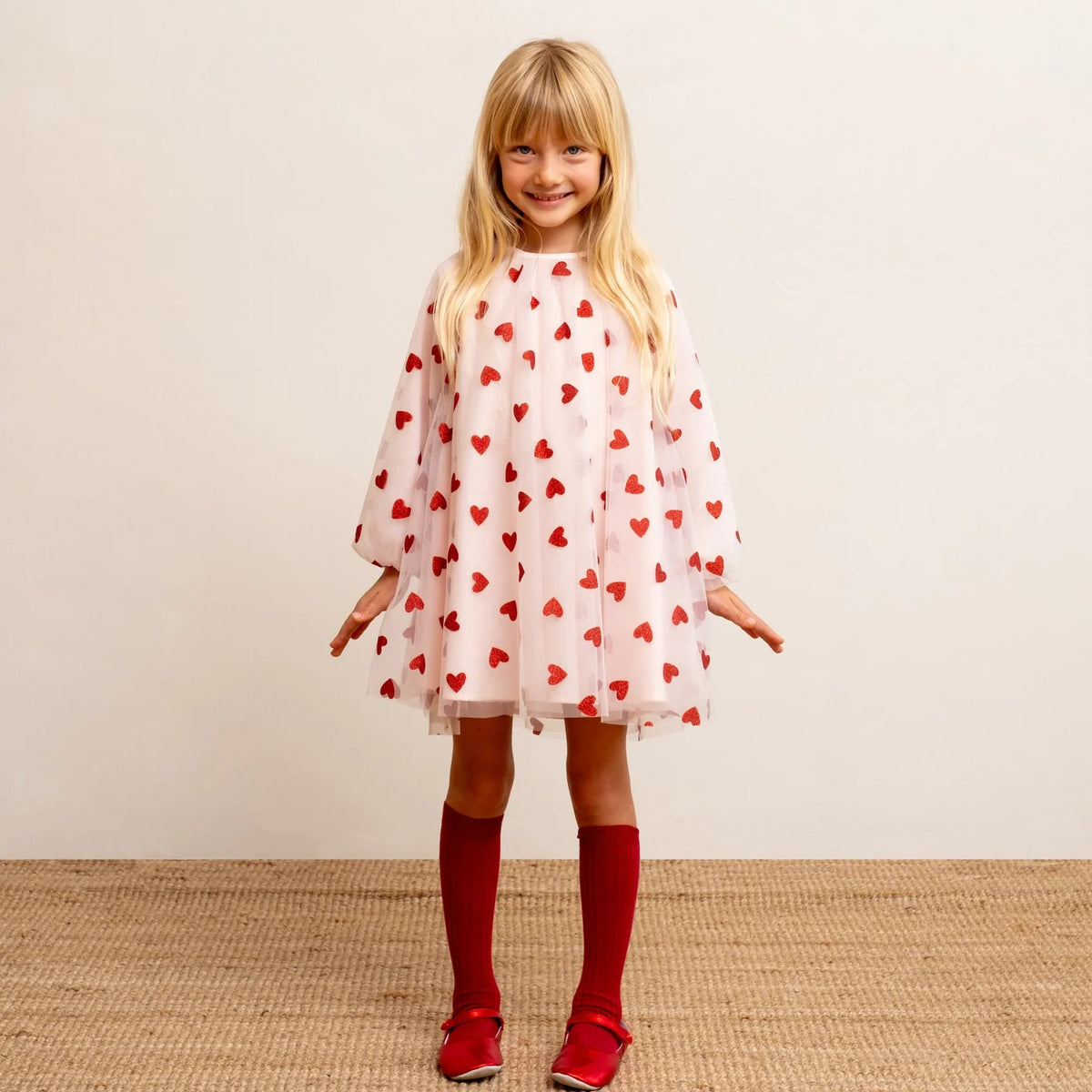 Pale Pink with Red Glitter Hearts Balloon Sleeve Dress