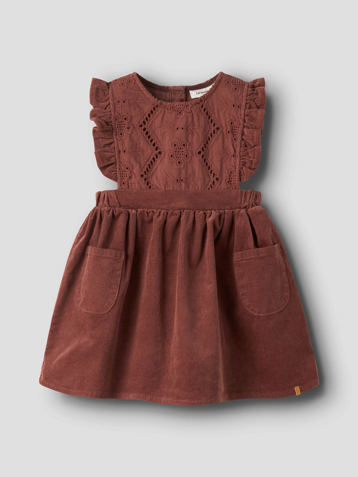 Lil’ Atelier Mini Onellas Cord Frill Dress – Rust
