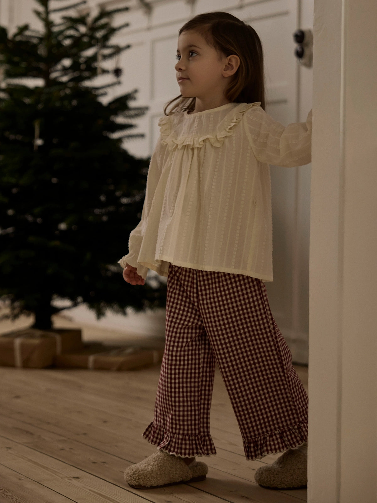 Lil’ Atelier Mini Roanne Gingham Frill Trousers – Burgundy