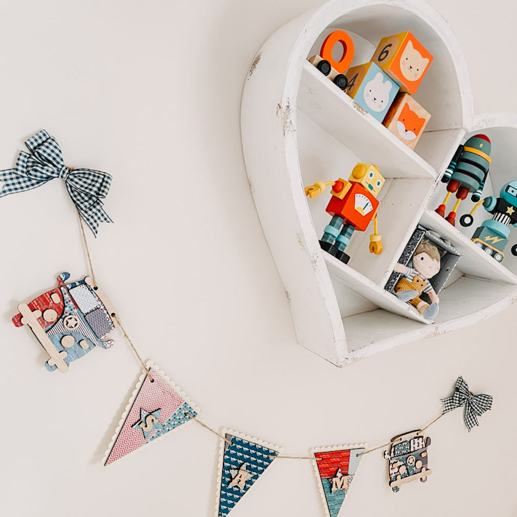 Personalised Wooden Camper Van And Triangle Bunting