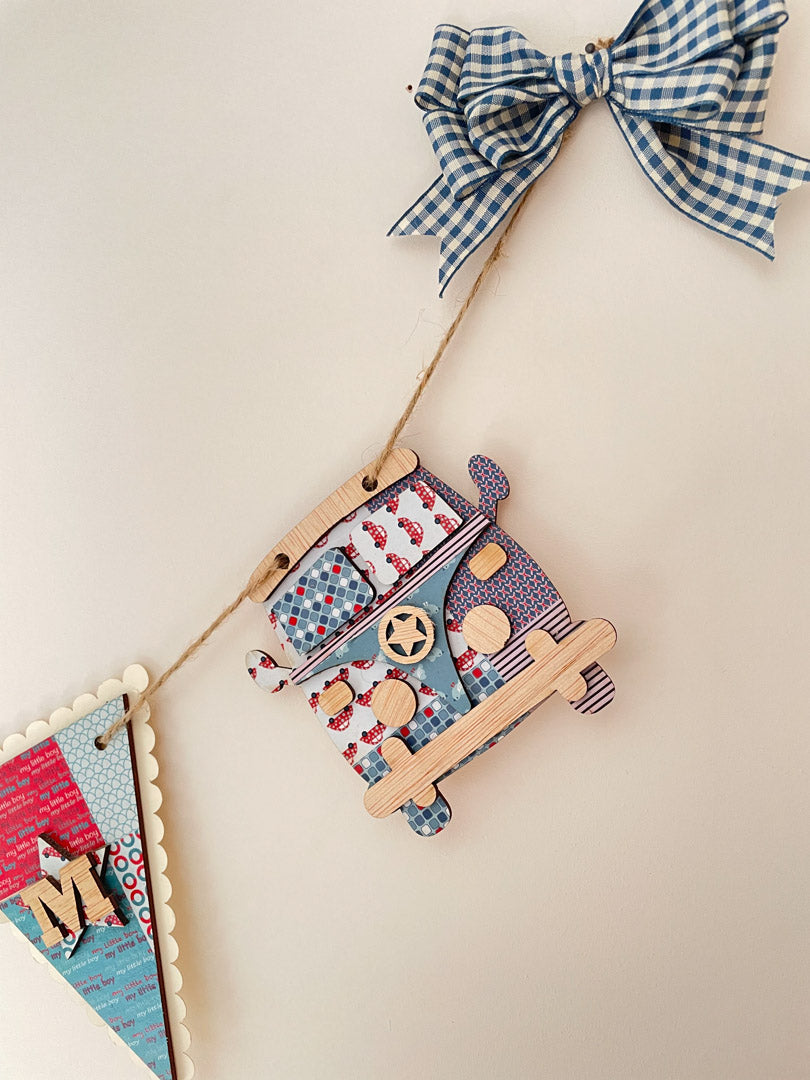 Personalised Wooden Camper Van And Triangle Bunting