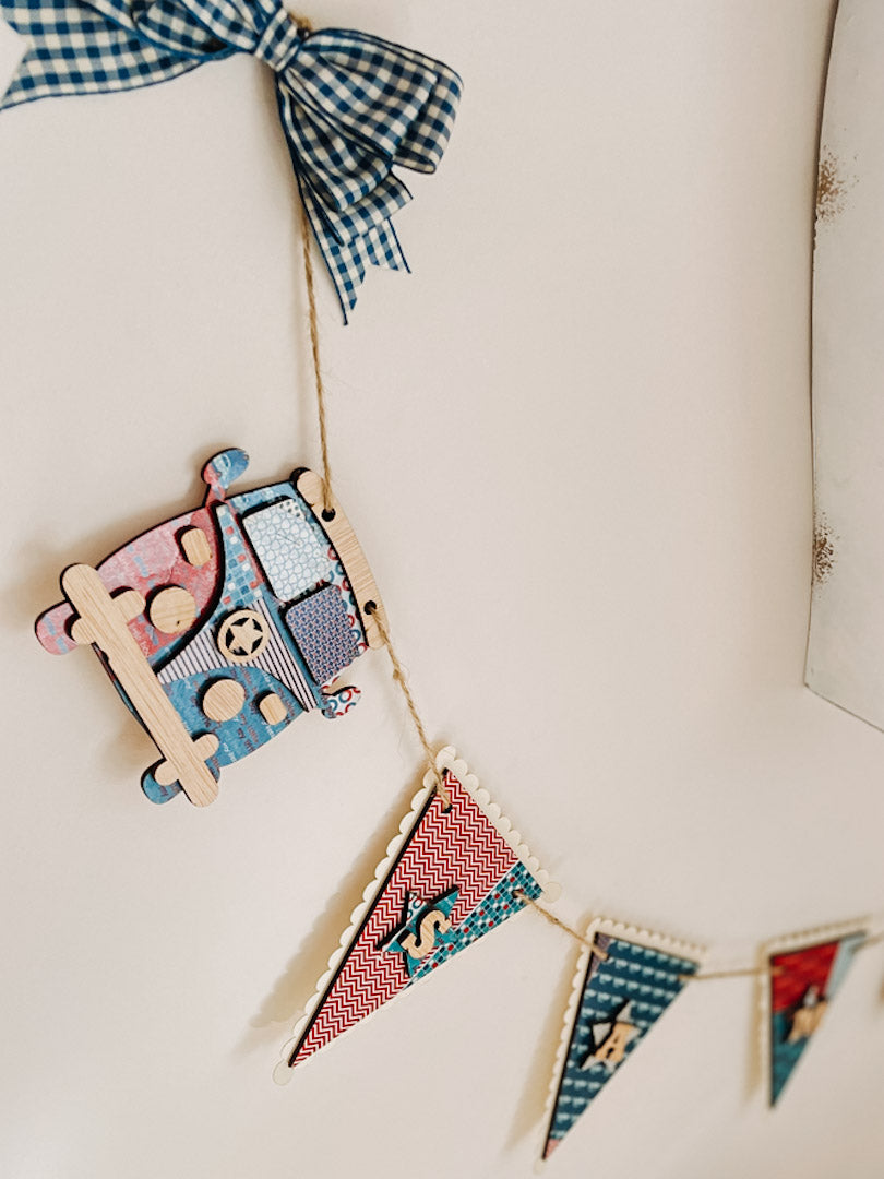 Personalised Wooden Camper Van And Triangle Bunting