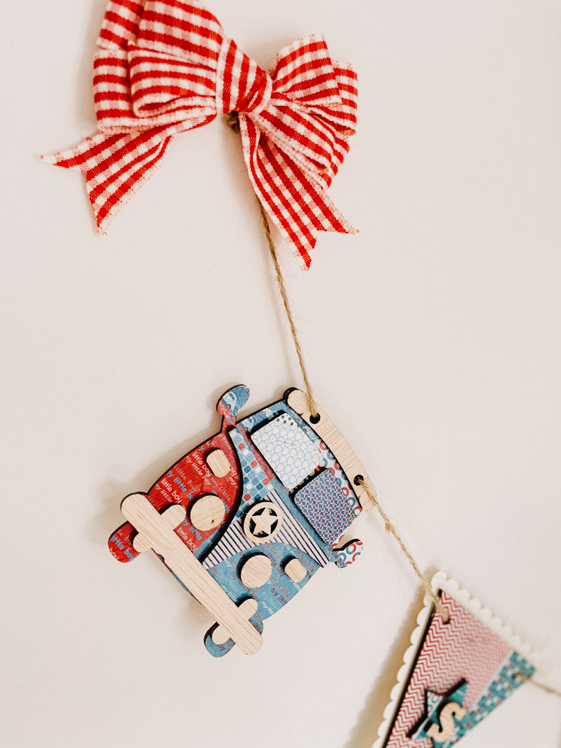 Personalised Wooden Camper Van And Triangle Bunting