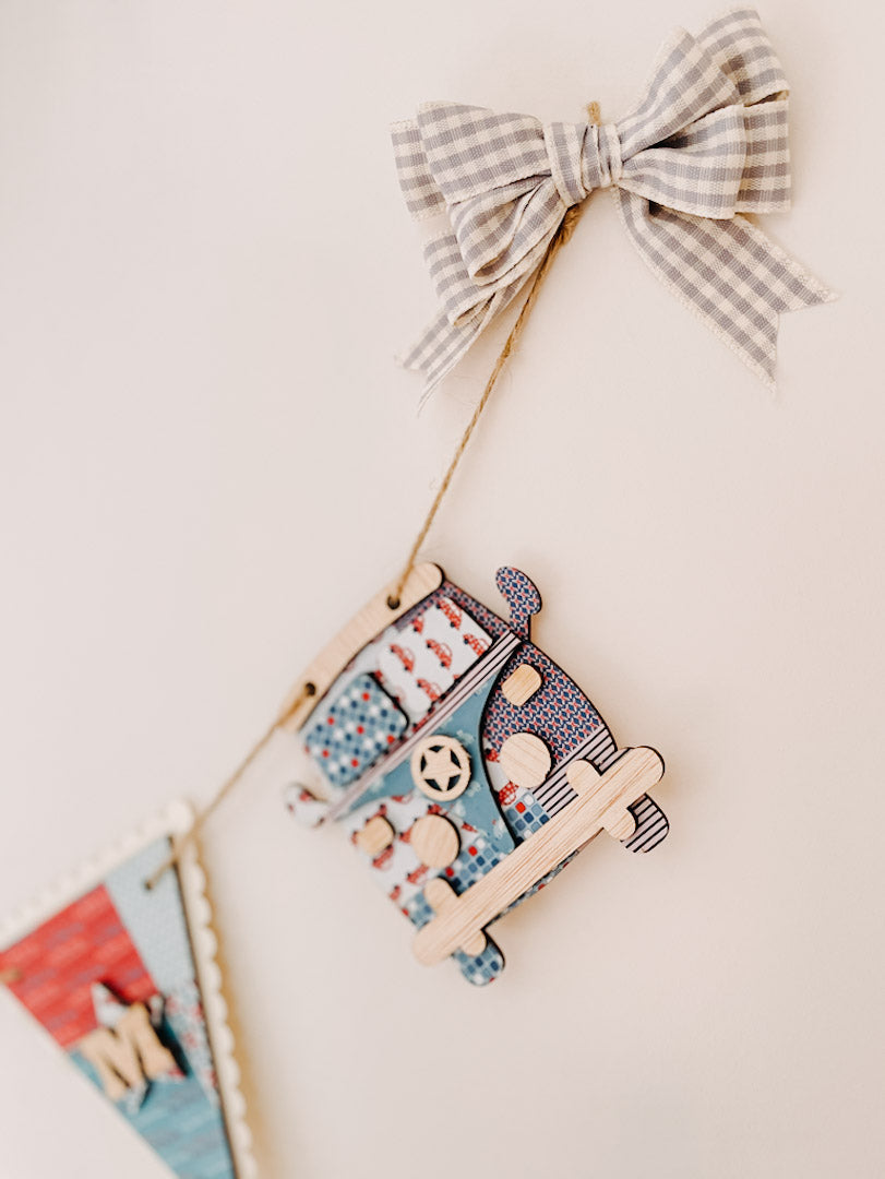 Personalised Wooden Camper Van And Triangle Bunting