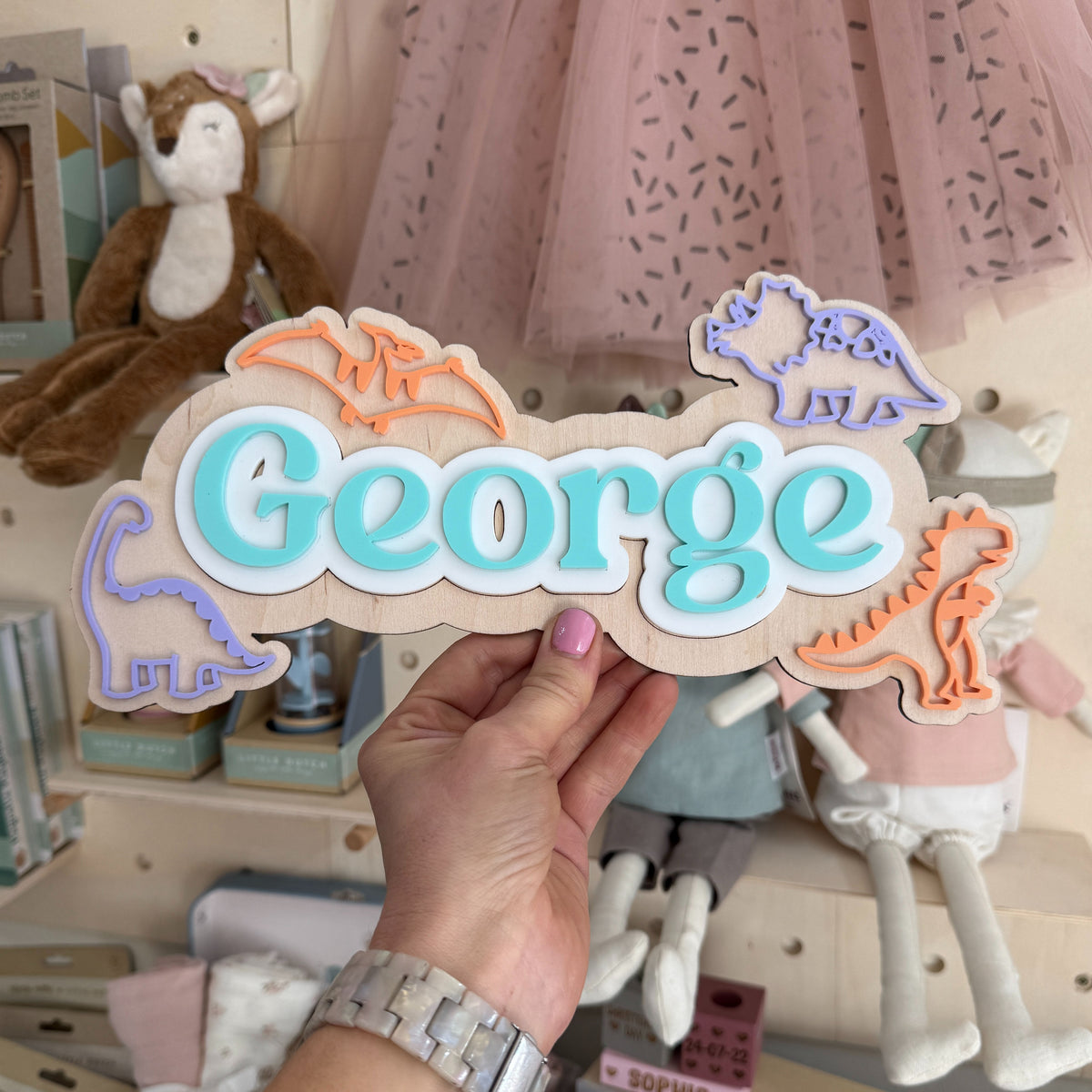 Personalised Wooden & Acrylic Name Sign – Dinosaur