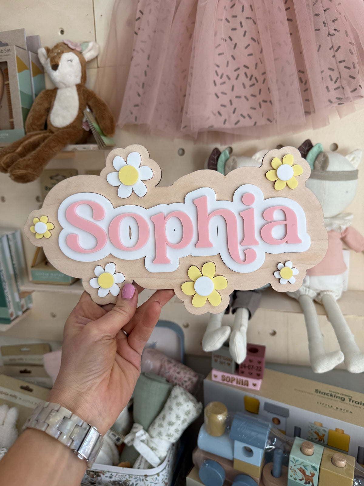 Personalised Wooden & Acrylic Name Sign – Flowers