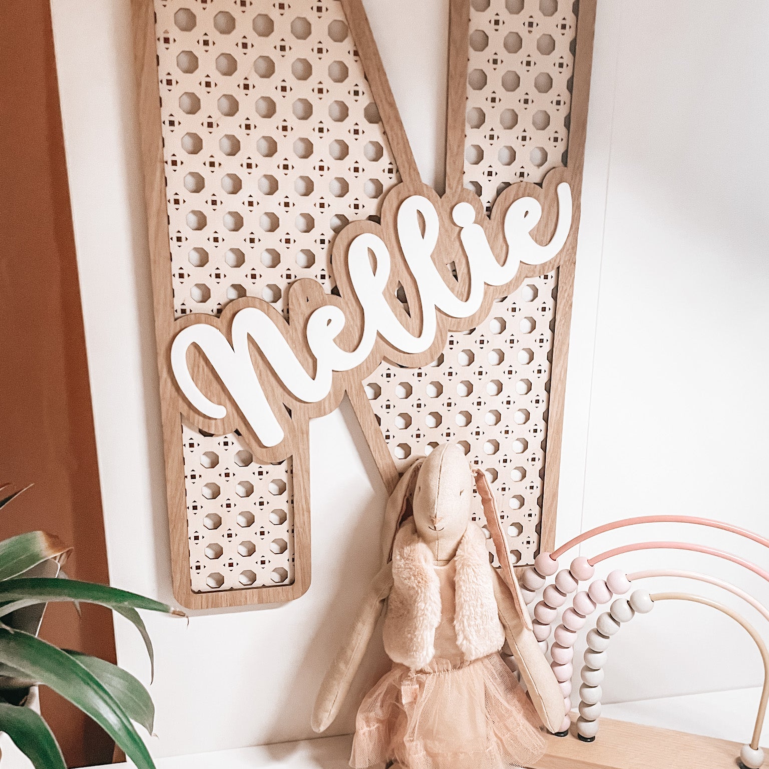 Personalised Rattan Effect Wooden Letter – Nursery & Bedroom Décor.