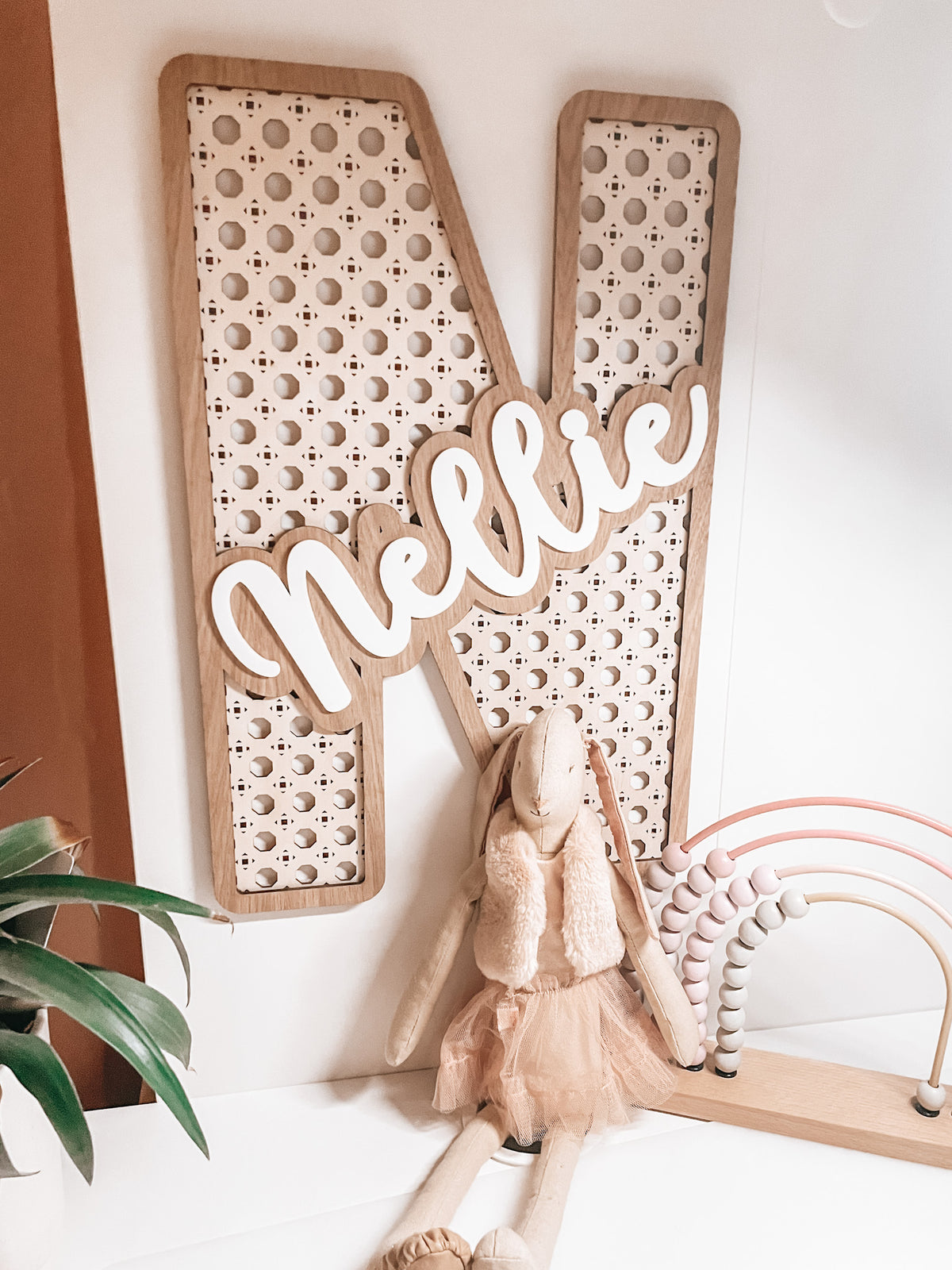 Personalised Rattan Effect Wooden Letter – Nursery & Bedroom Décor.