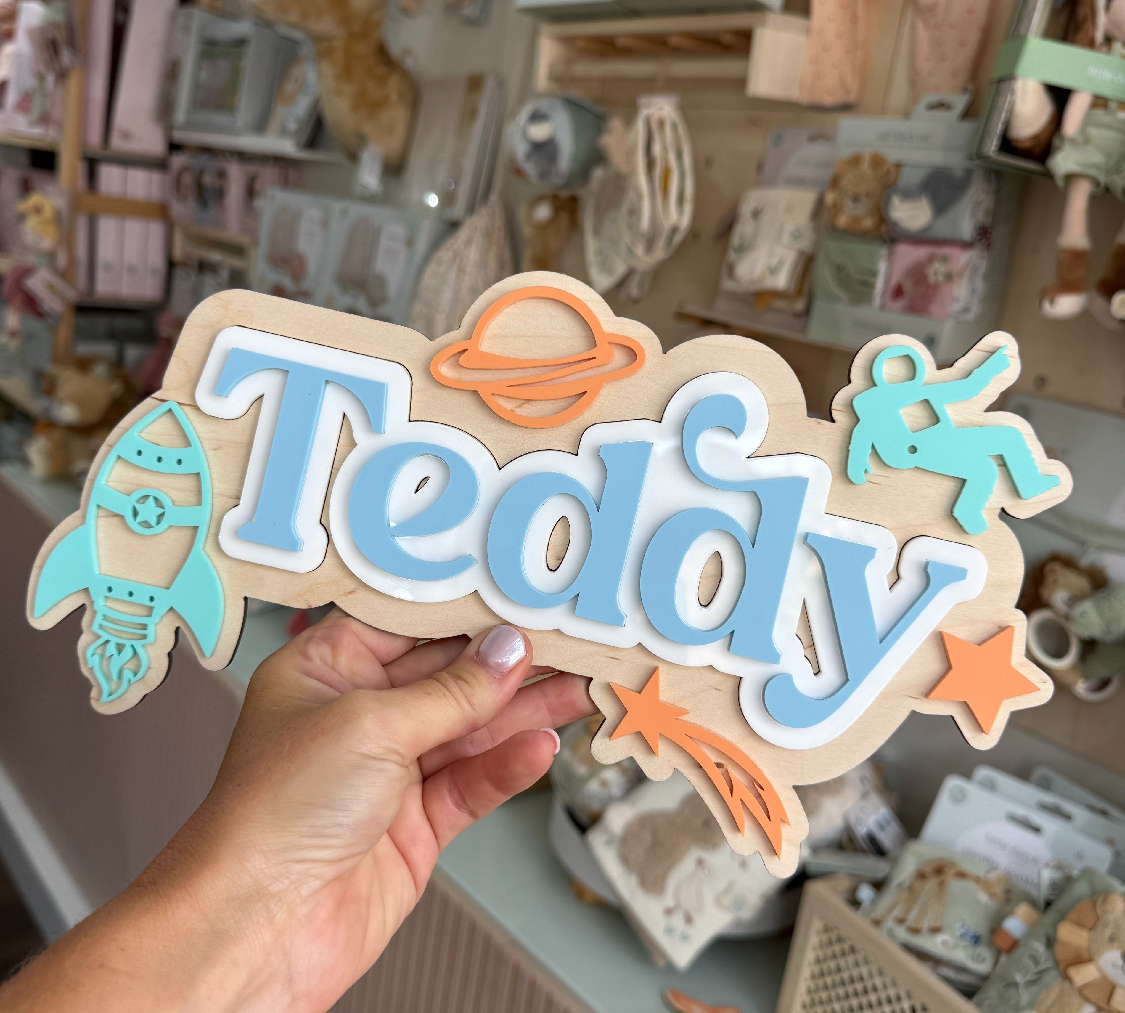 Personalised Wooden & Acrylic Name Sign – Space Adventure