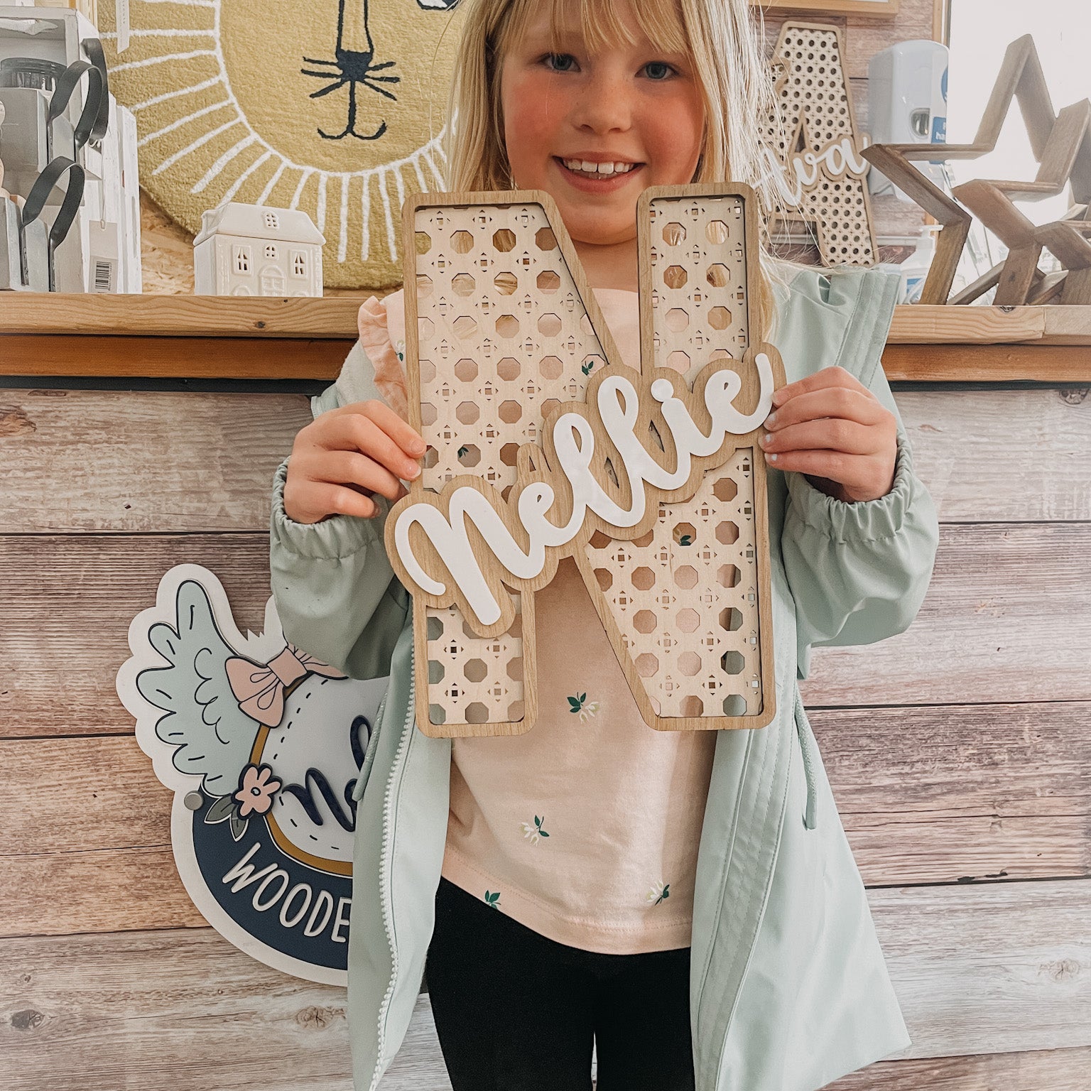Personalised Rattan Effect Wooden Letter – Nursery & Bedroom Décor.