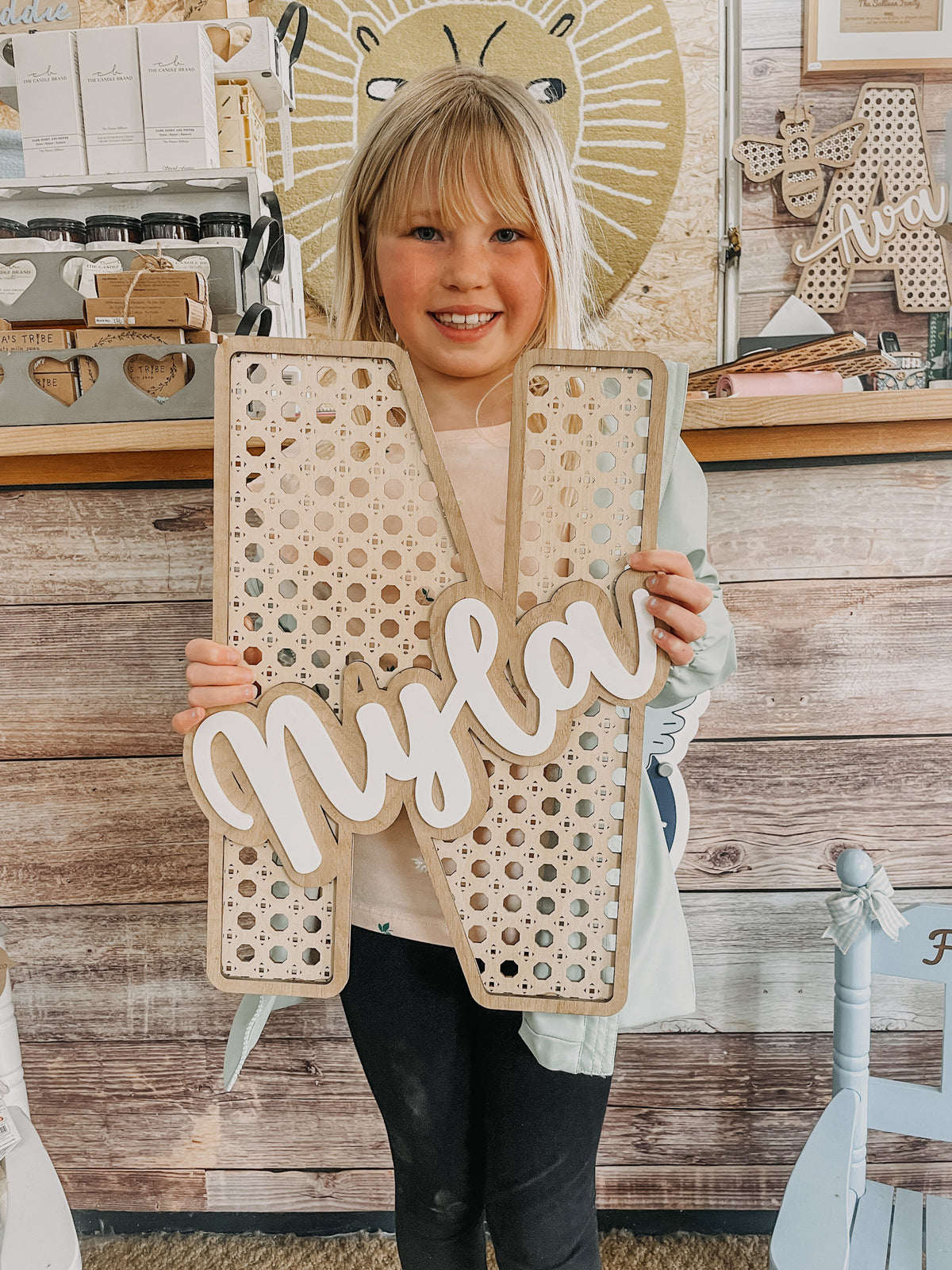 Personalised Rattan Effect Wooden Letter – Nursery & Bedroom Décor.