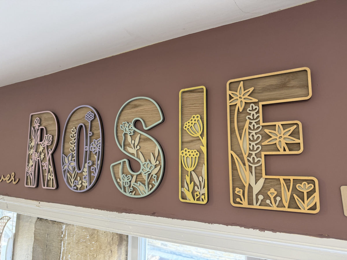 Personalised Wildflower Letters natural & pastel Wooden Wall Letters – Nursery & Bedroom Decor