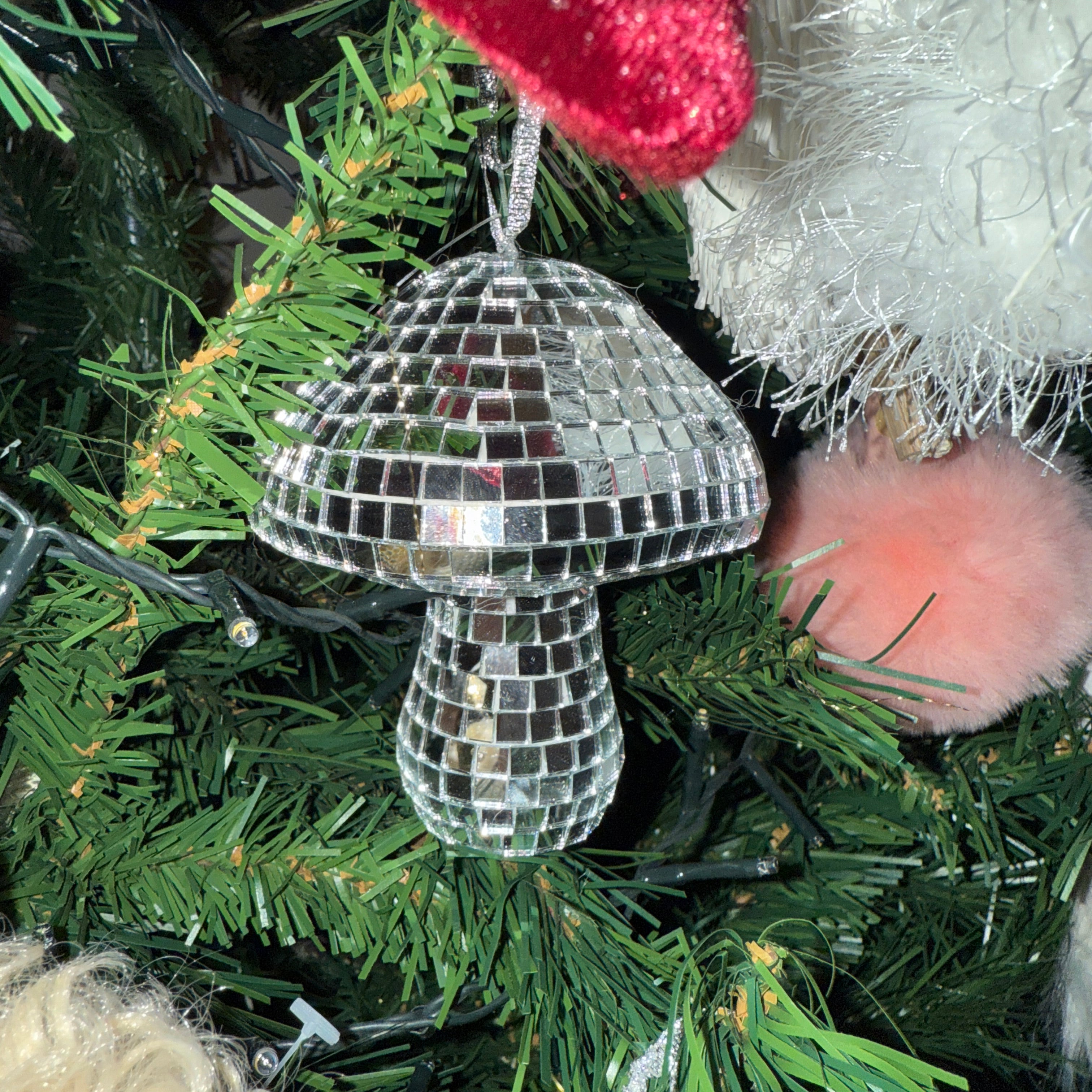 Silver Disco Mushroom Christmas Hanging Decoration