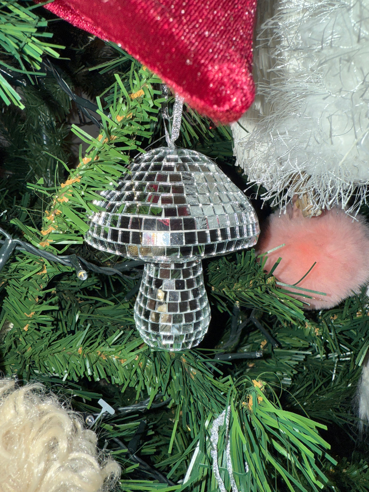 Silver Disco Mushroom Christmas Hanging Decoration