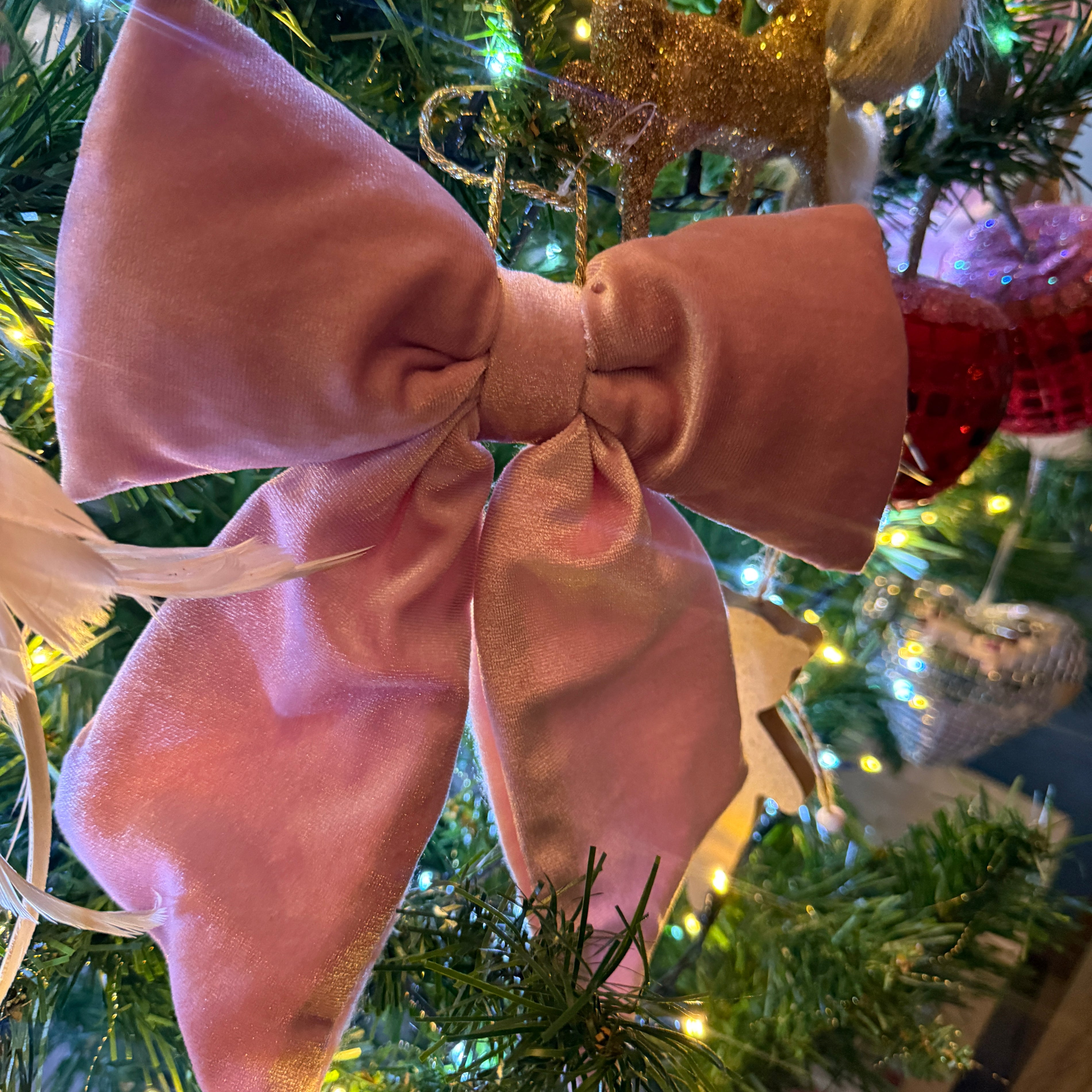 Blush Pink Velvet Bow Christmas Hanging Decoration – 26cm