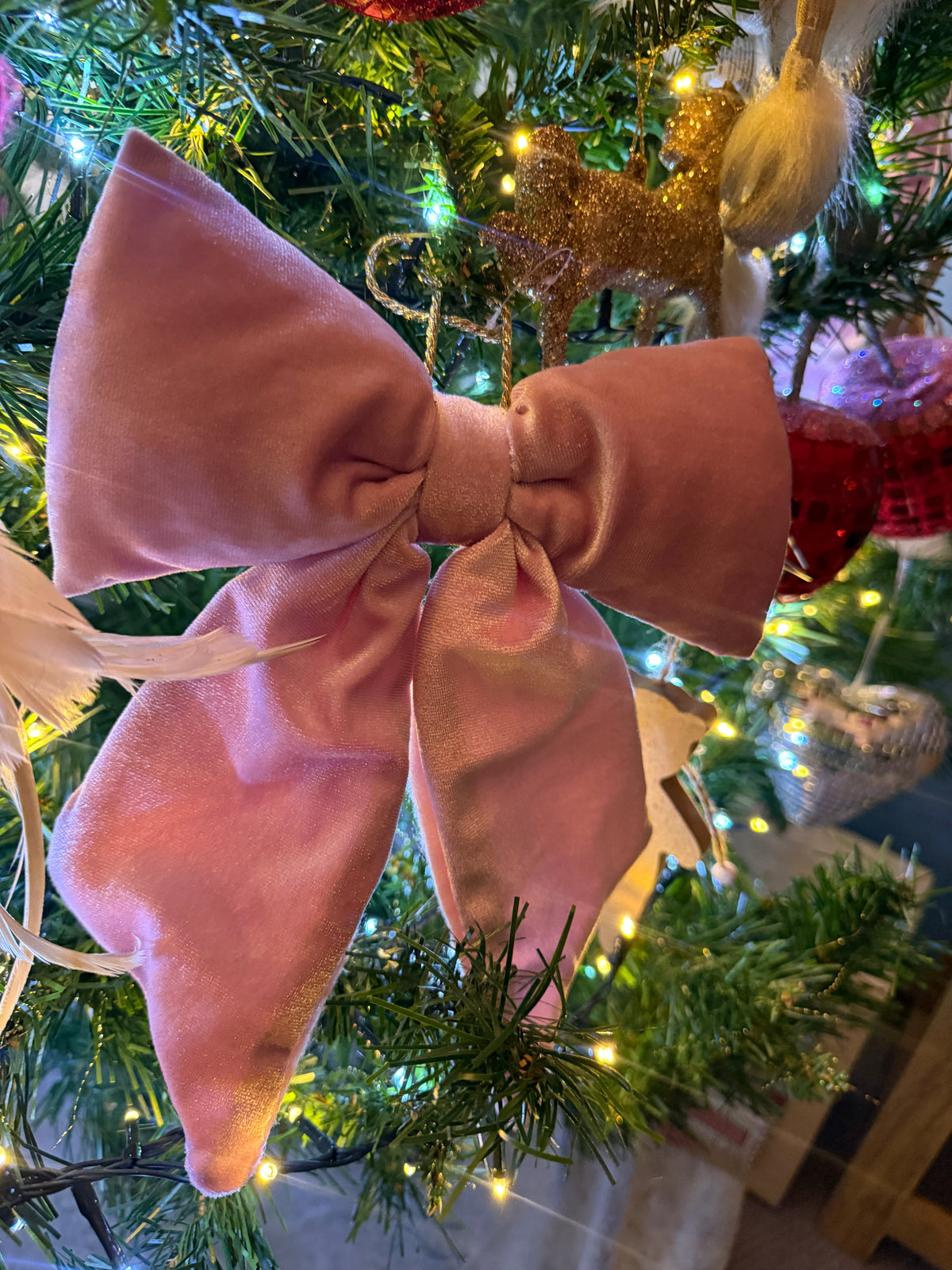 Blush Pink Velvet Bow Christmas Hanging Decoration – 26cm