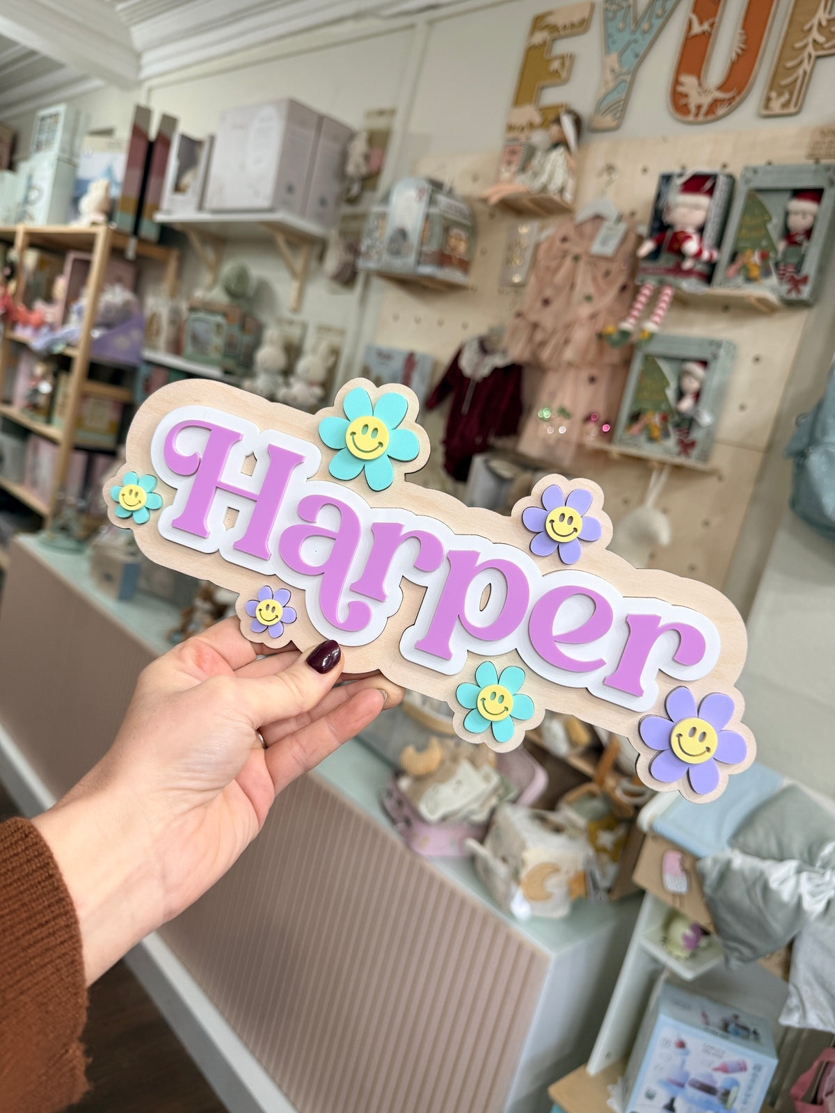 Personalised Wooden & Acrylic Name Sign – Smiley Flowers