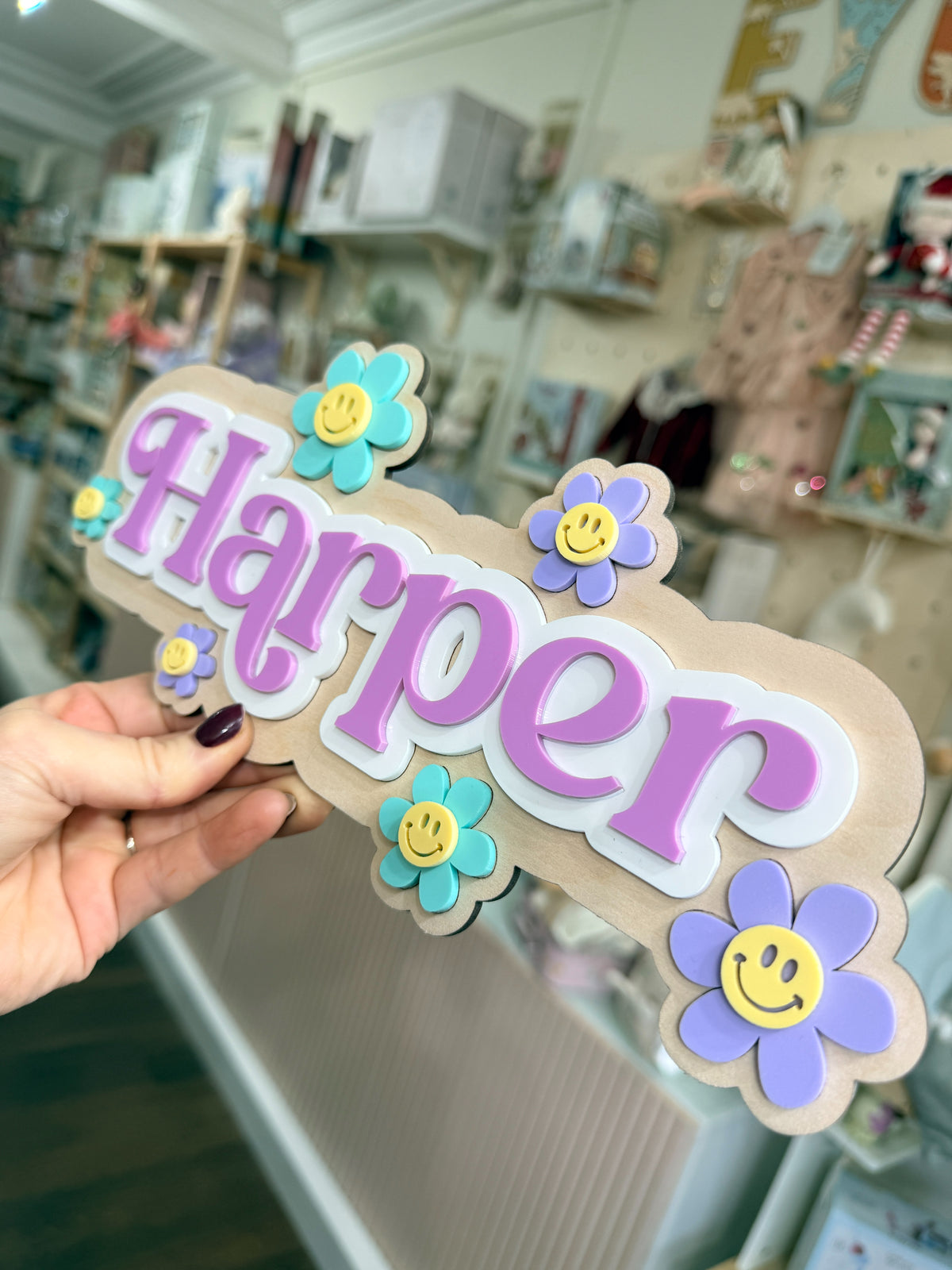 Personalised Wooden & Acrylic Name Sign – Smiley Flowers