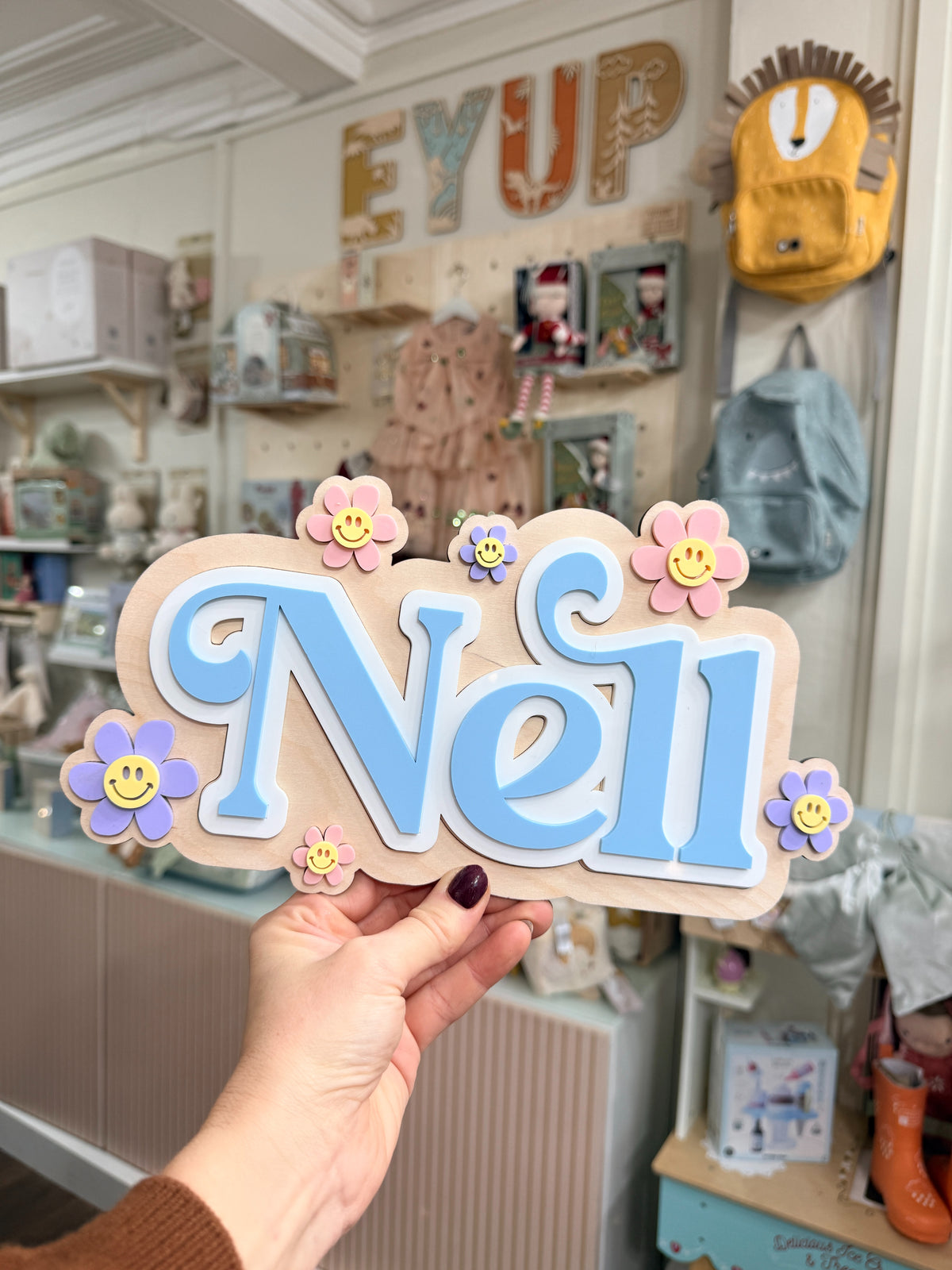 Personalised Wooden & Acrylic Name Sign – Smiley Flowers