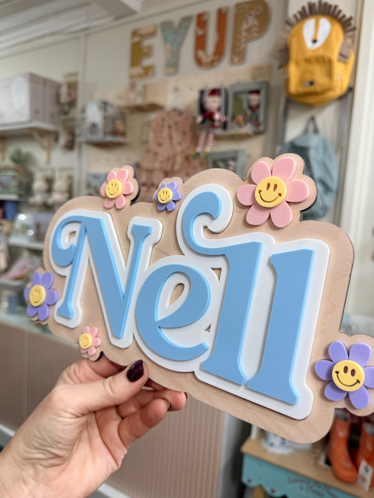 Personalised Wooden & Acrylic Name Sign – Smiley Flowers