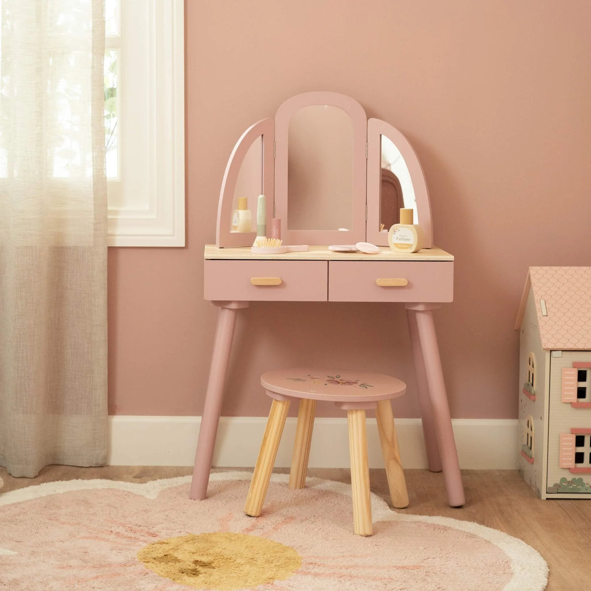 Little Dutch Wooden Vanity Table with Stool – Pink