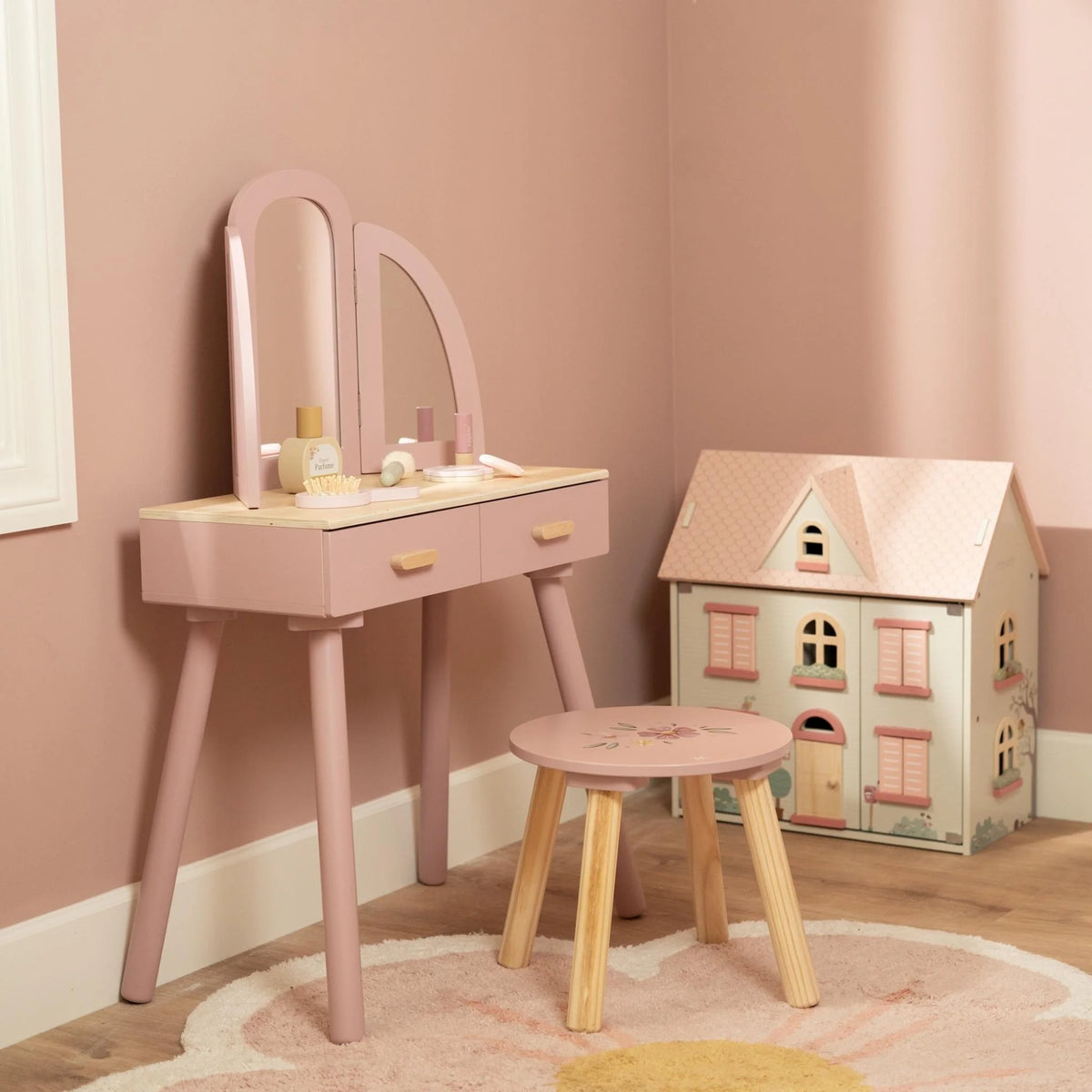 Little Dutch Wooden Vanity Table with Stool – Pink