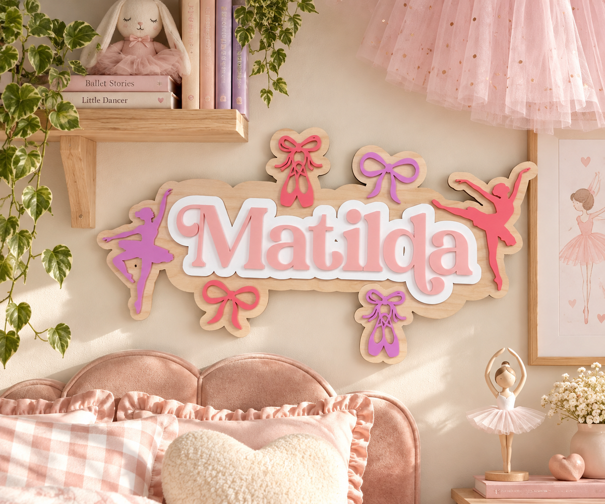 Personalised Wooden & Acrylic Name Sign – Ballet Bows