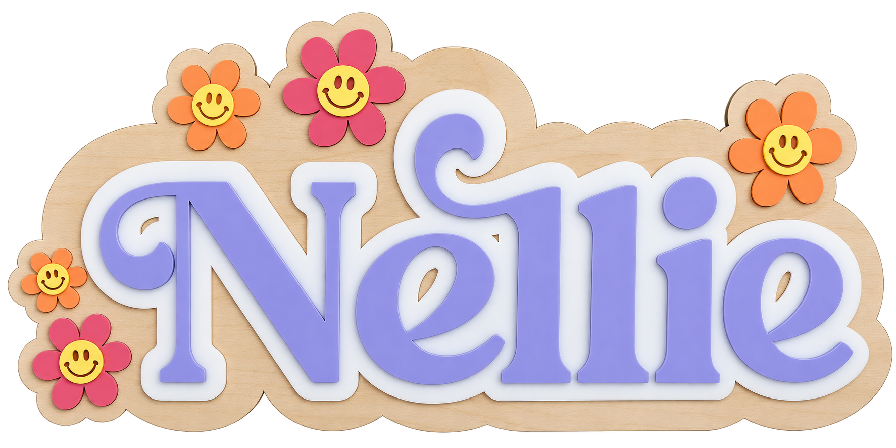 Personalised Wooden & Acrylic Name Sign – Smiley Flowers