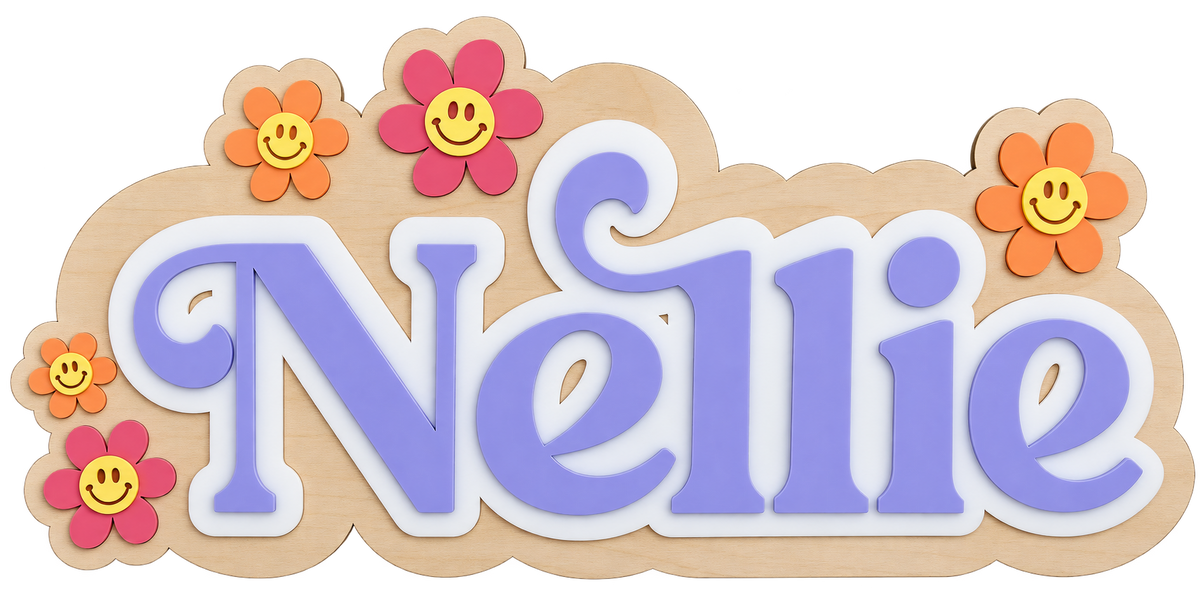 Personalised Wooden & Acrylic Name Sign – Smiley Flowers